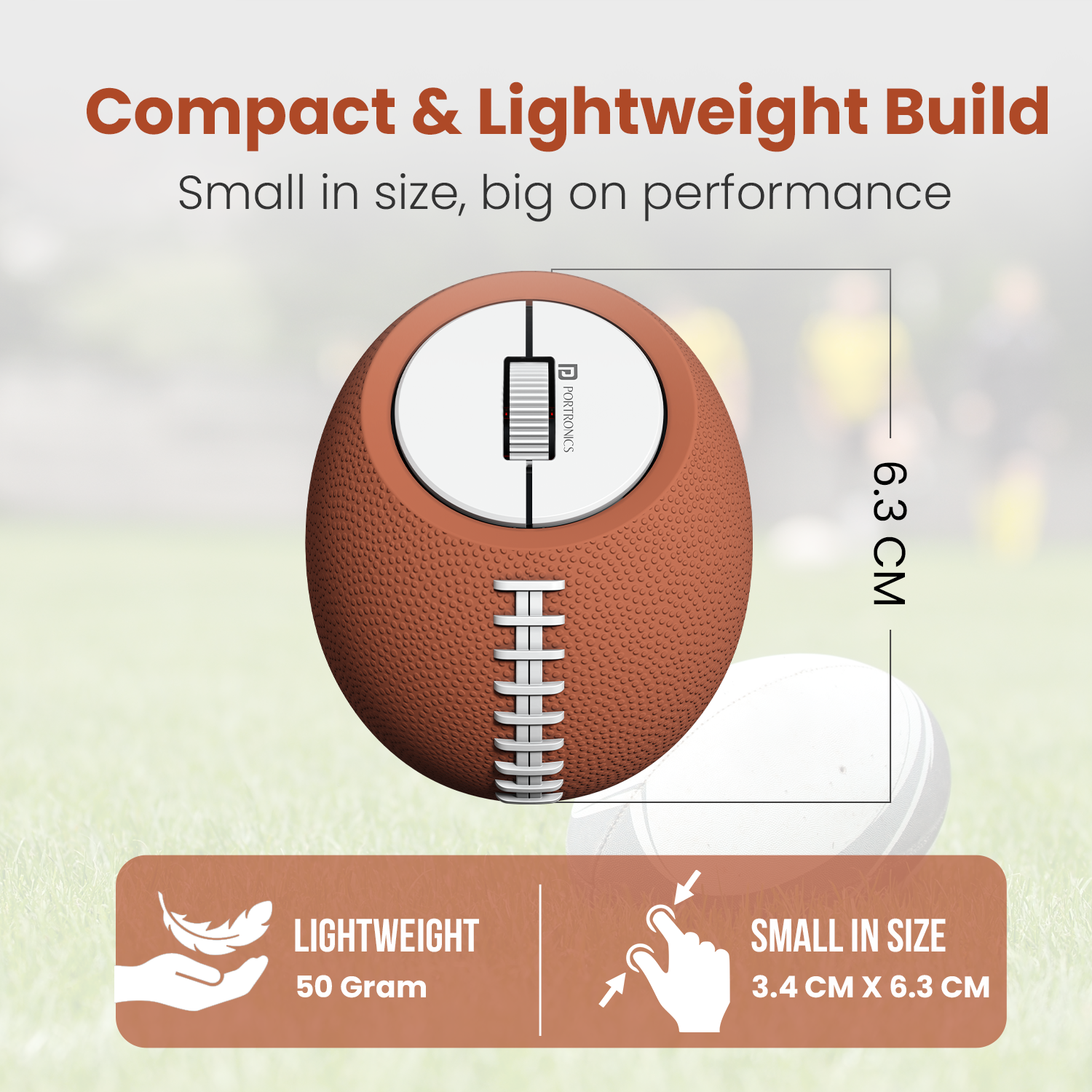 Portronics ToadPlay Rugby Bluetooth wireless mouse and USB wireless mouse combo featuring a sporty rugby ball shape, eco-friendly rechargeable design, ideal best laptop mouse for professionals
