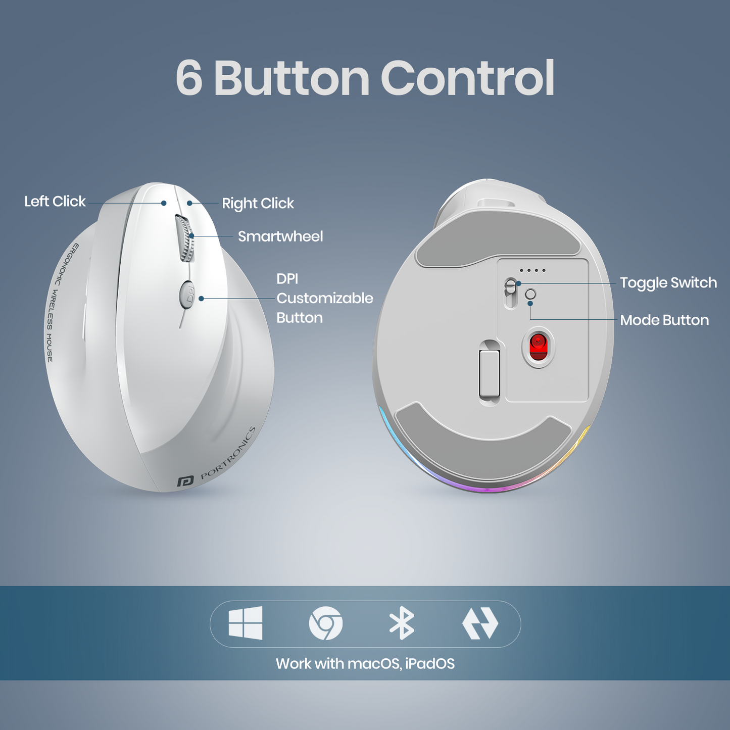 Portronics Toad Ergo 4 USB Wireless Mouse | High Quality Rechargeable Vertical Mouse with Natural Handshake Grip | Versatile Mouse for Office Tasks & MacBook Users