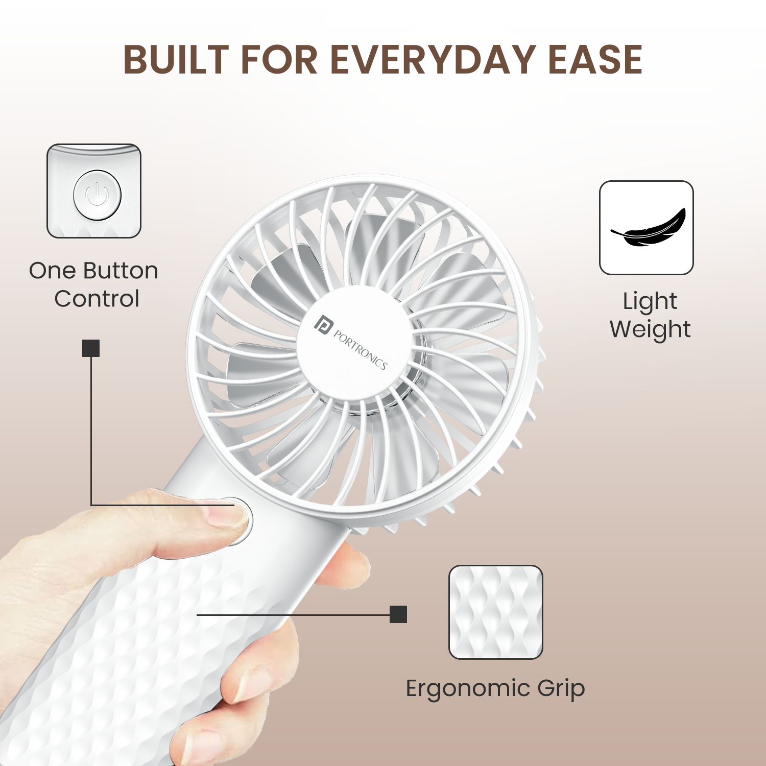 Portronics Toofan Mini 2 hand fan for indoor and outdoor comfort with Type C charging cable, rechargeable battery, quiet BLDC motor, lightweight body, and mini portable fan price value