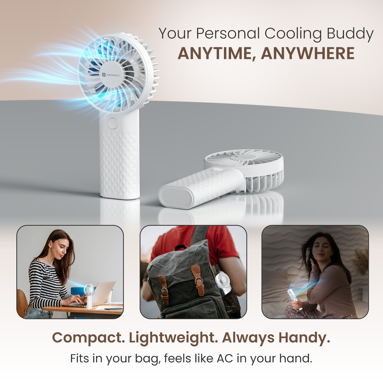 Portronics Toofan Mini 2 mini rechargeable fan and portable hand fan for travel, desk, and outdoor use with 6 adjustable speeds, compact design, and fast charging via Type C cable.