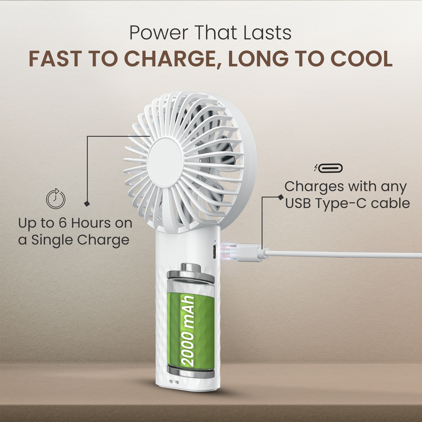 Portronics Toofan Mini 2 portable fan rechargeable model with ergonomic grip, ultra-quiet BLDC motor, one-button control, 7-blade cooling power, and Type C charging cable for quick recharging