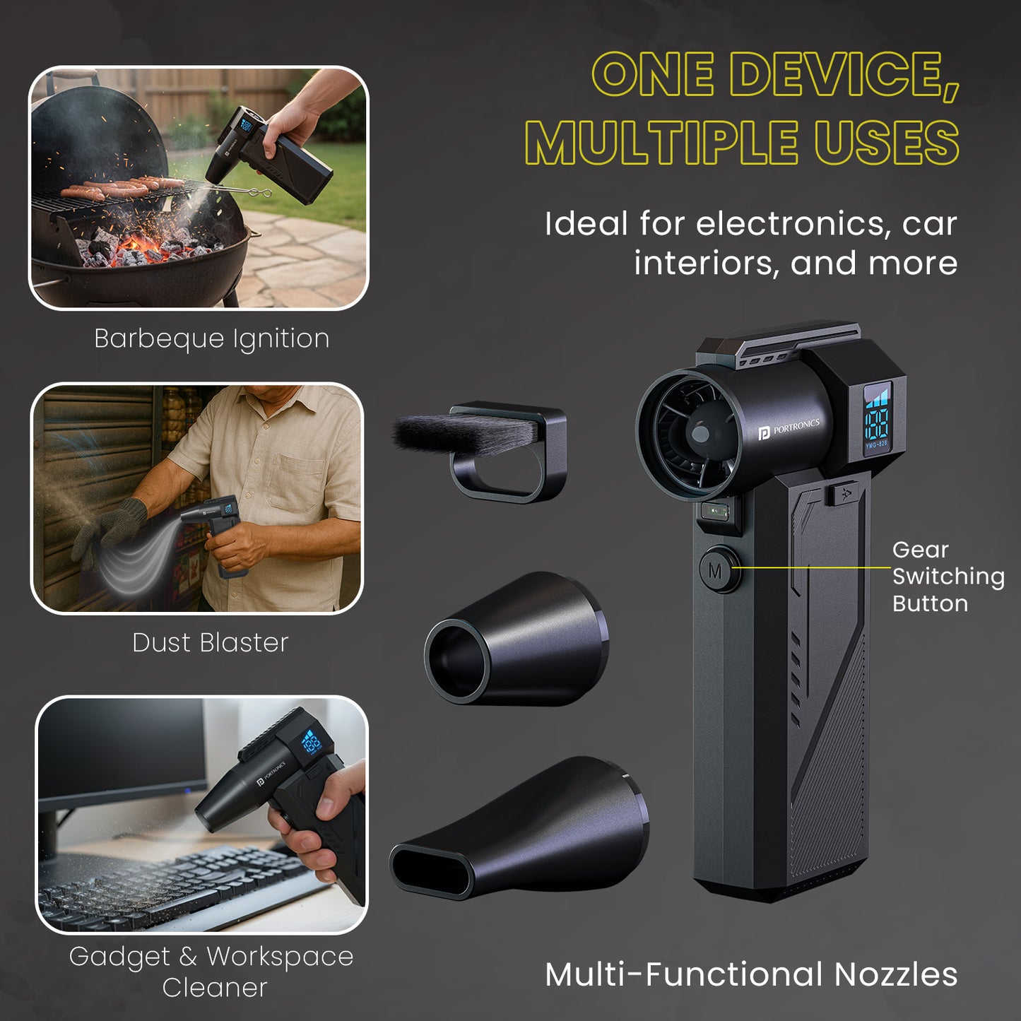 Portronics Tornado Pro Air Blower Fan | Multi-nozzle attachments for targeted cleaning of corners and narrow gaps | This air blower fan gives powerful airflow for both electronics and household surfaces.