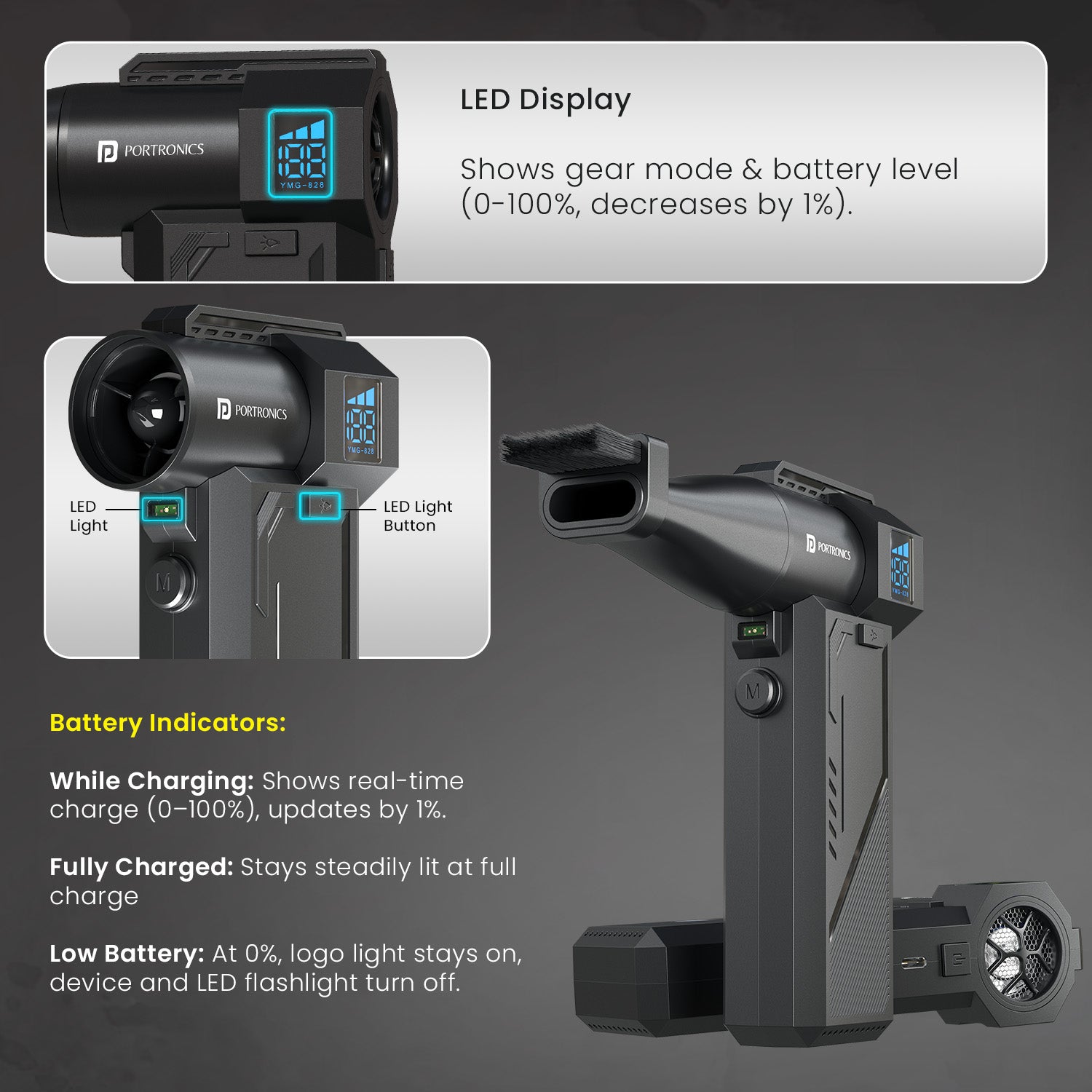 Portronics Tornado Pro Mini Portable Fan Air Duster | Built-in LED light for low-light cleaning in cabinets and car interiors | This mini portable fan-style air duster is a smart gadget for detailed and dark-area cleaning.