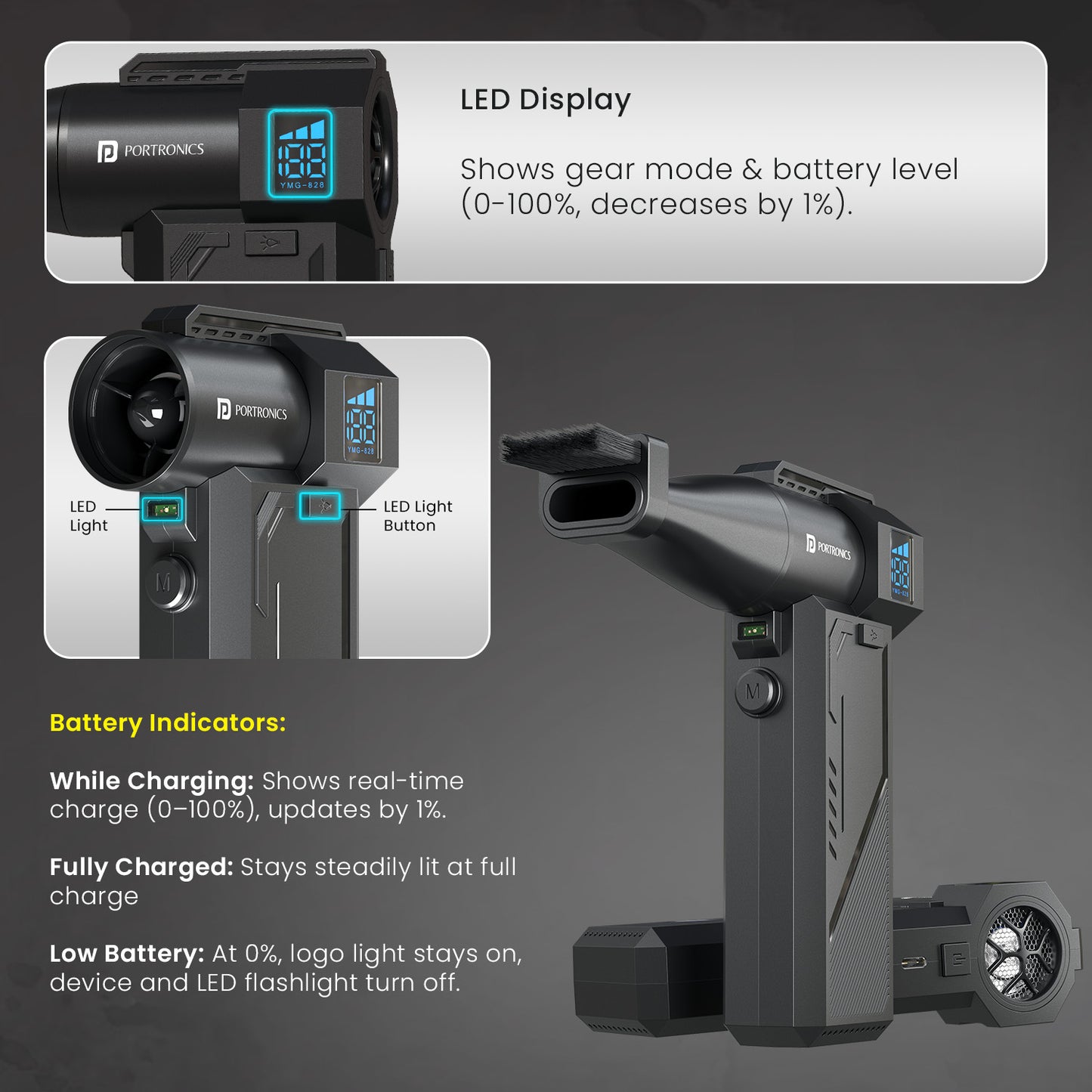 Portronics Tornado Pro Mini Portable Fan Air Duster | Built-in LED light for low-light cleaning in cabinets and car interiors | This mini portable fan-style air duster is a smart gadget for detailed and dark-area cleaning.