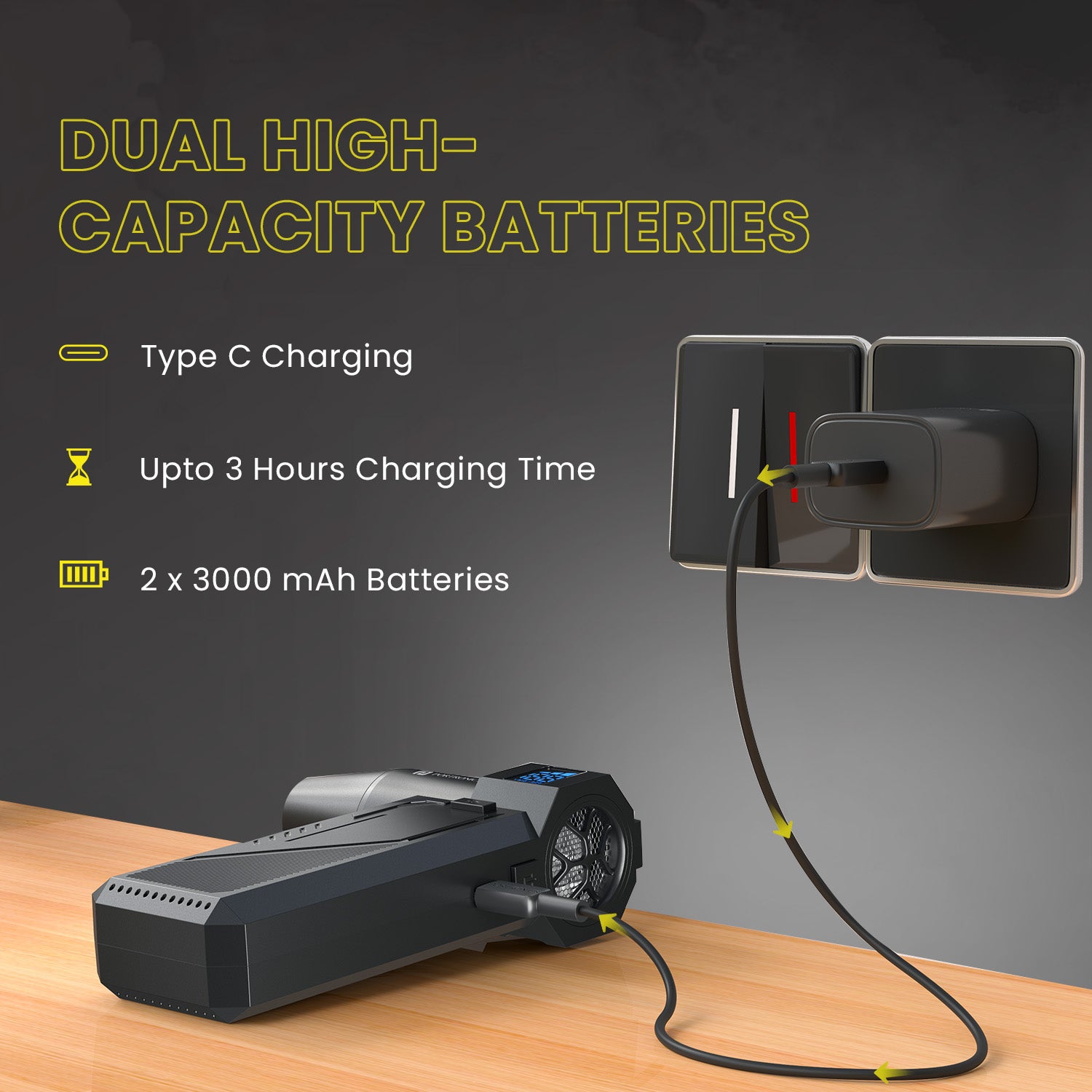 Portronics Tornado Pro USB Charging Air Blower | Long runtime with dual 3000mAh batteries and Type-C fast charge | This usb charging smart gadget ensures uninterrupted cleaning for home and office setups.