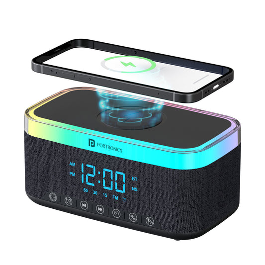 Portronics TriFusion portable bluetooth speaker with digital alarm clock and wireless charging pad| portable wireless speaker online at best price| bluetooth speakers for music lover| bluetooth speaker with fm and iphone charger