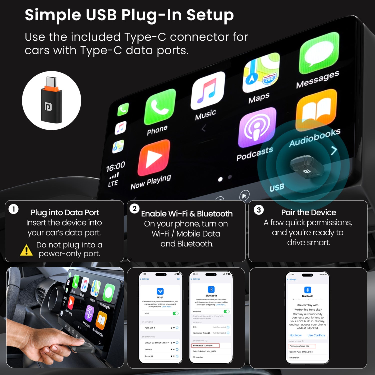 Portronics Tune Lite | Compact Wireless Car Receiver & Bluetooth Dongle for Car USB | Supports Apple CarPlay, Android Auto, and Smart Audio Functions | Must-Have Car Accessory for Modern Vehicles