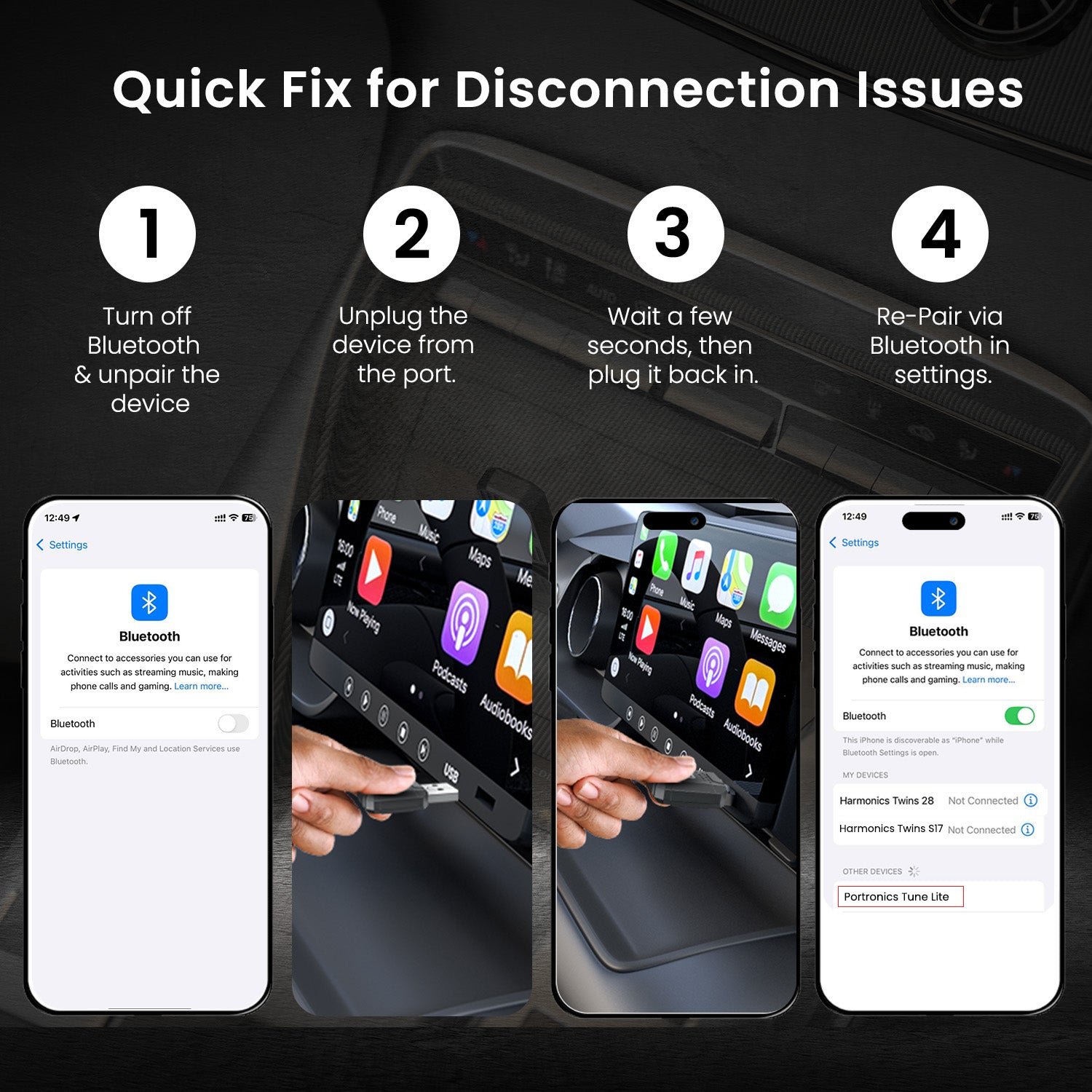 Portronics Tune Lite Wireless Android Auto & CarPlay Adapter | Portronics Wireless Car Receiver for Smooth Connectivity | Car Bluetooth Dongle with Car Power Support & Type-C USB Converter for Easy Setup