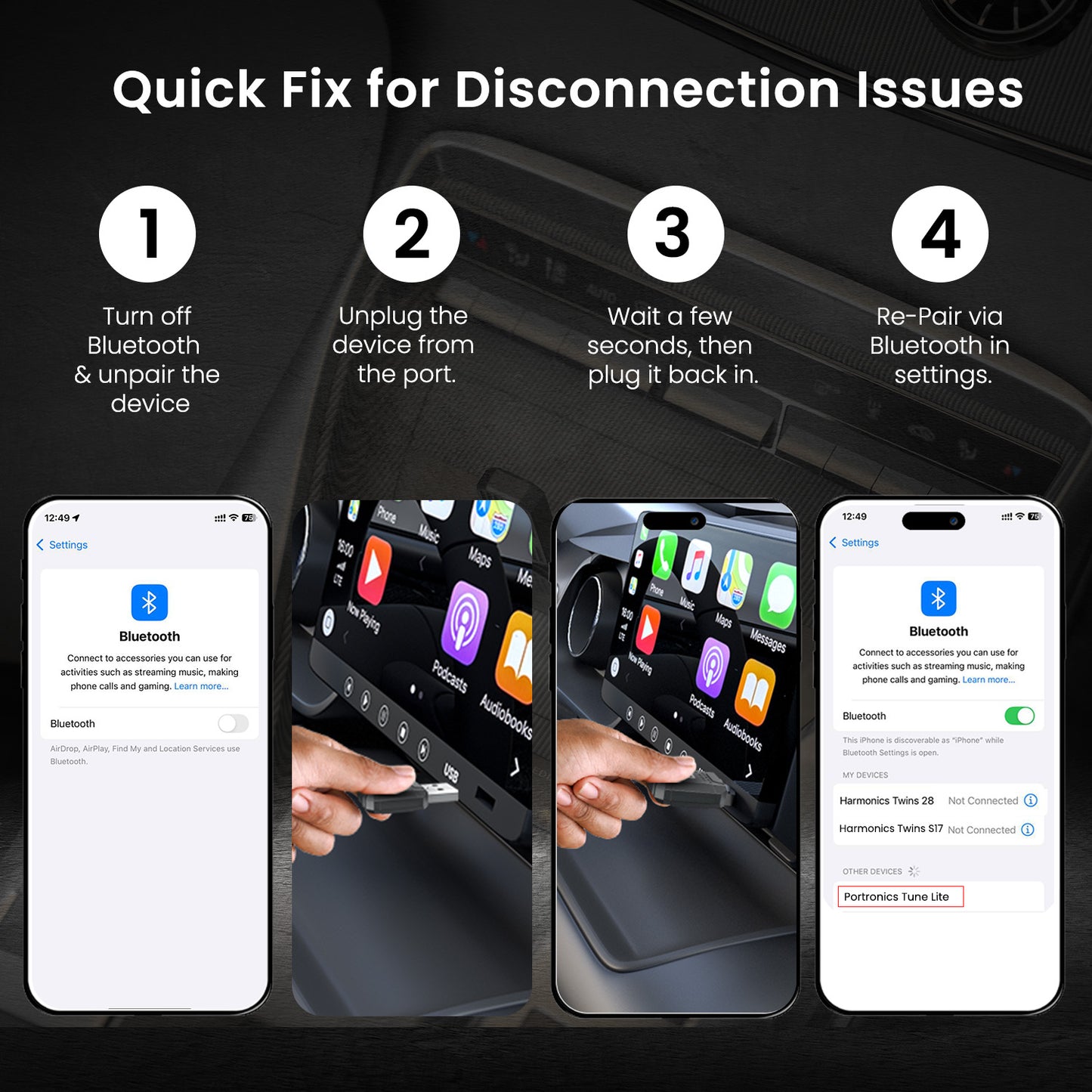 Portronics Tune Lite Wireless Android Auto & CarPlay Adapter | Portronics Wireless Car Receiver for Smooth Connectivity | Car Bluetooth Dongle with Car Power Support & Type-C USB Converter for Easy Setup