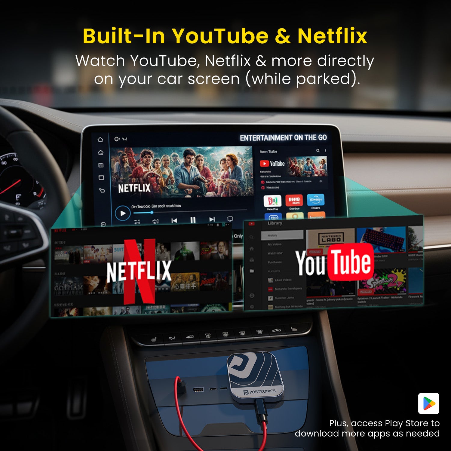 Wireless Android Auto Adapter for Car | Portronics Tune Plus Smart Audio Connector with Dual-Band Wi-Fi, USB-A & USB-C Ports, and TF Card Slot | Enjoy Seamless Wireless CarPlay, Android Auto, and Bluetooth Streaming | Compact Plug & Play Bluetooth Dongle for Car with High-Speed Performance