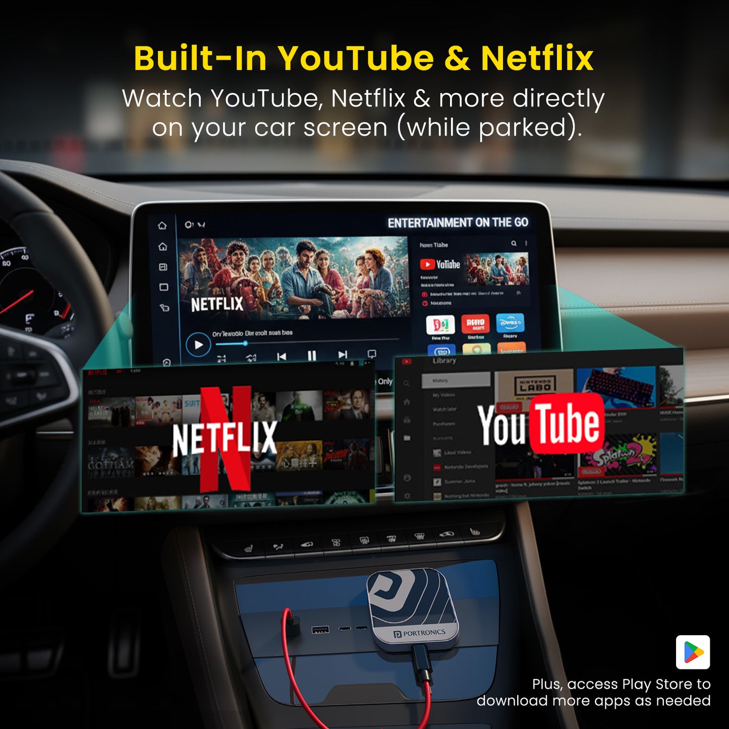 Wireless Android Auto Adapter for Car | Portronics Tune Plus Smart Audio Connector with Dual-Band Wi-Fi, USB-A & USB-C Ports, and TF Card Slot | Enjoy Seamless Wireless CarPlay, Android Auto, and Bluetooth Streaming | Compact Plug & Play Bluetooth Dongle for Car with High-Speed Performance
