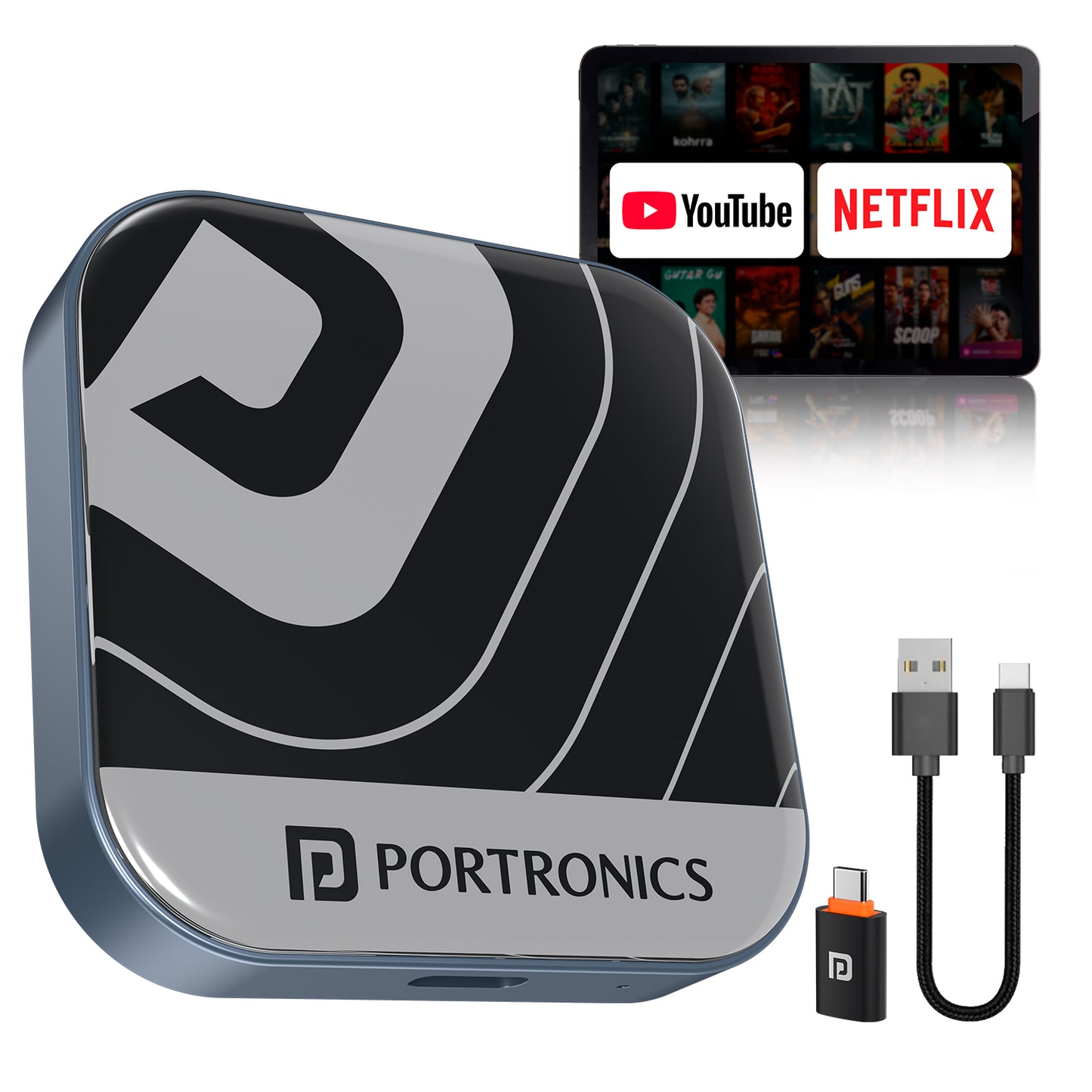 Portronics Tune Plus Wireless CarPlay Adapter India | 3GB RAM, 32GB ROM, Dual Wi-Fi 2.4GHz & 5GHz | Smart Audio Connector with Dual USB-A & Type-C Ports | Wireless Android Auto Adapter for Car with Plug & Play Setup | Best Car Bluetooth Device in India for iPhone and Android