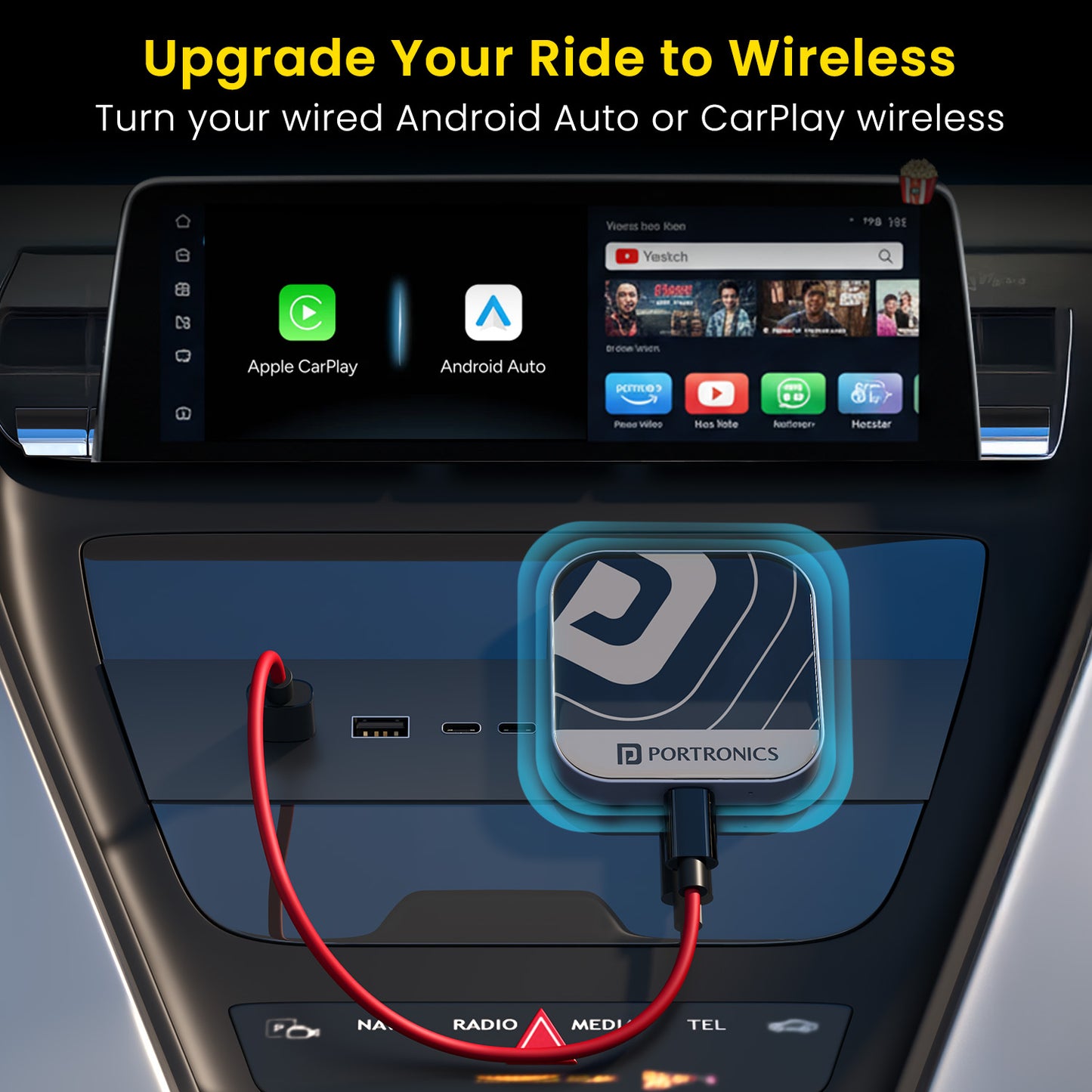 Portronics Tune Plus Wireless Car Receiver | Convert Wired CarPlay and Android Auto to Wireless Seamlessly | Built-in YouTube & Netflix Streaming, TF Card Support for Offline Playback | High-Speed Car Bluetooth Receiver with USB Power and Smart Dual-Band Wi-Fi Connectivity | Premium Car Accessories Online