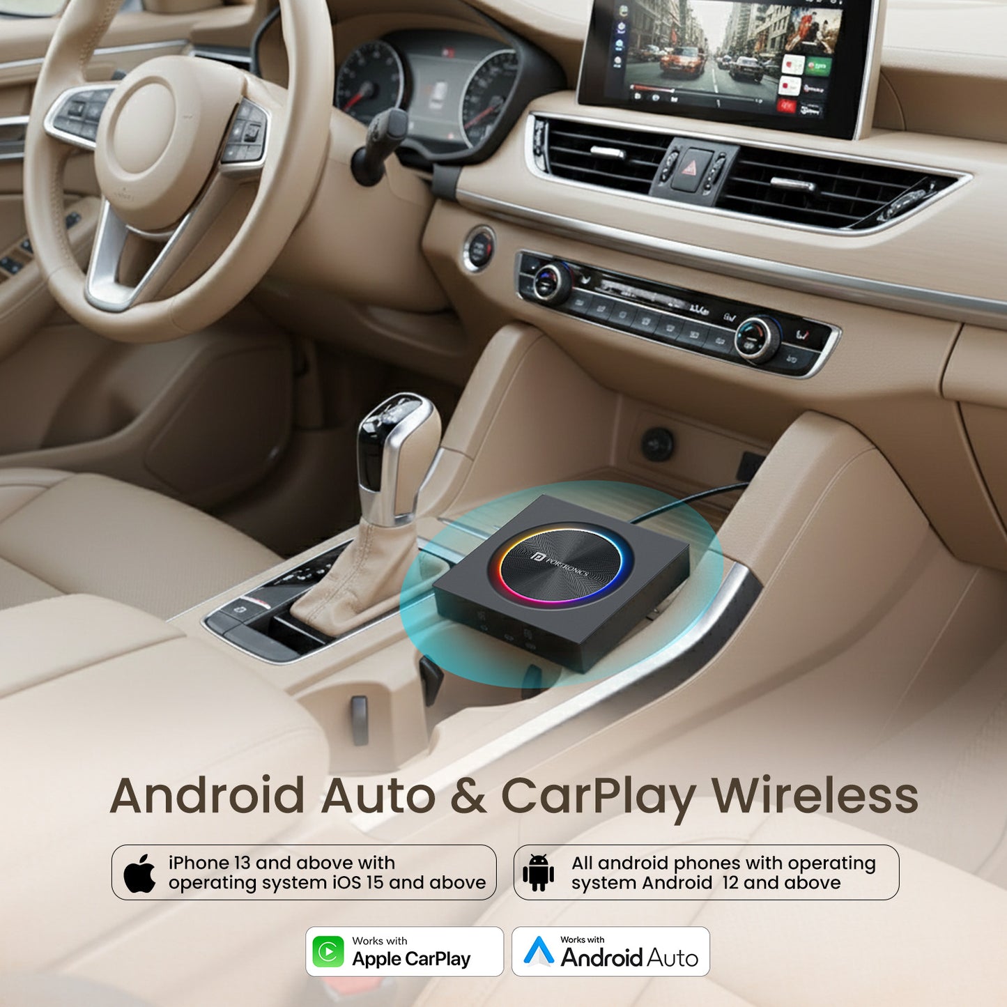 Portronics Tune Prime Play Store car apps adapter streaming YouTube Netflix JioHotstar Prime Video on car screen with wireless android auto adapter for car, 4G SIM slot standalone internet CarPlay and portable car entertainment adapter for parked vehicle use