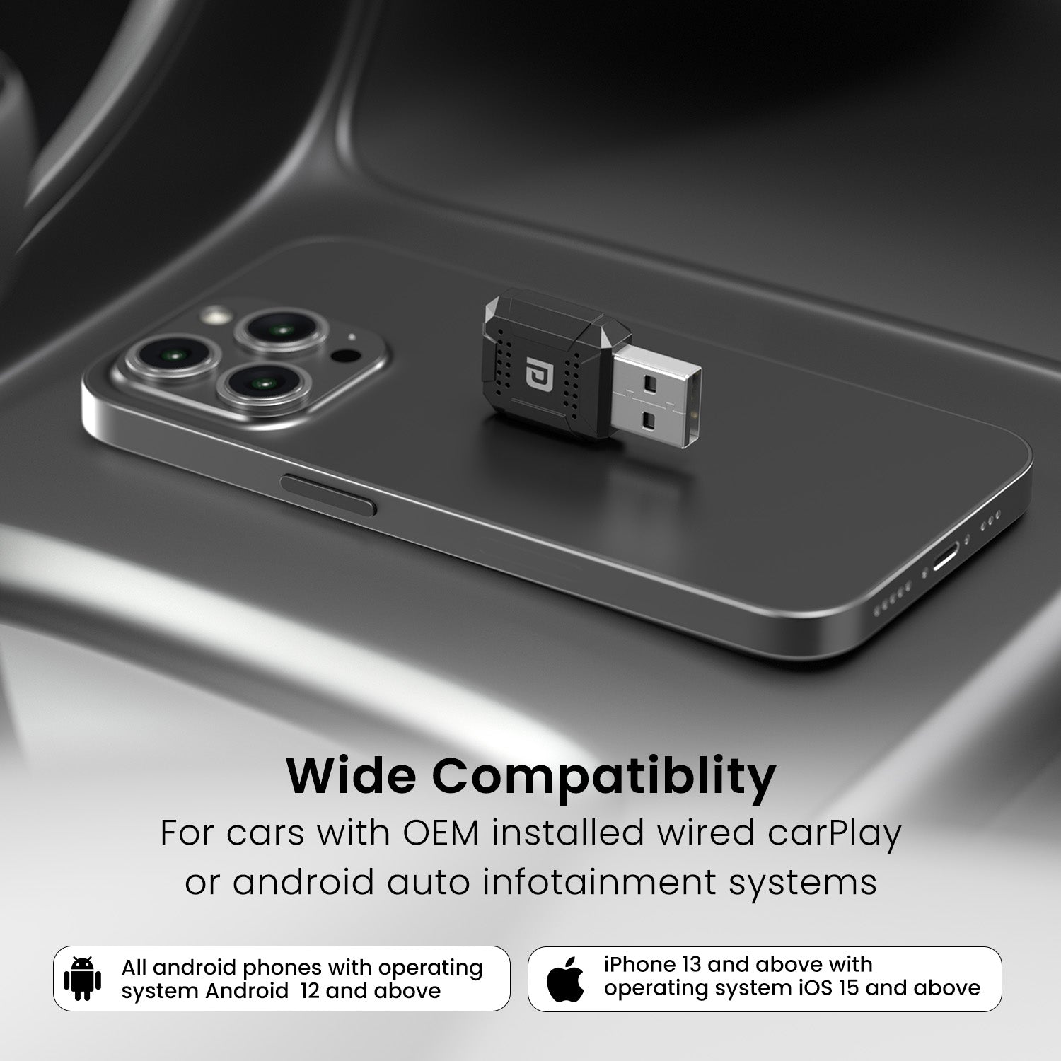 Portronics Tune lite Wireless CarPlay & Android Auto Adapter | Works with Android 12+ & iOS 15+ Devices | Wireless Car Receiver with Type-C Converter for Cars | Reliable Bluetooth for Car USB Connectivity