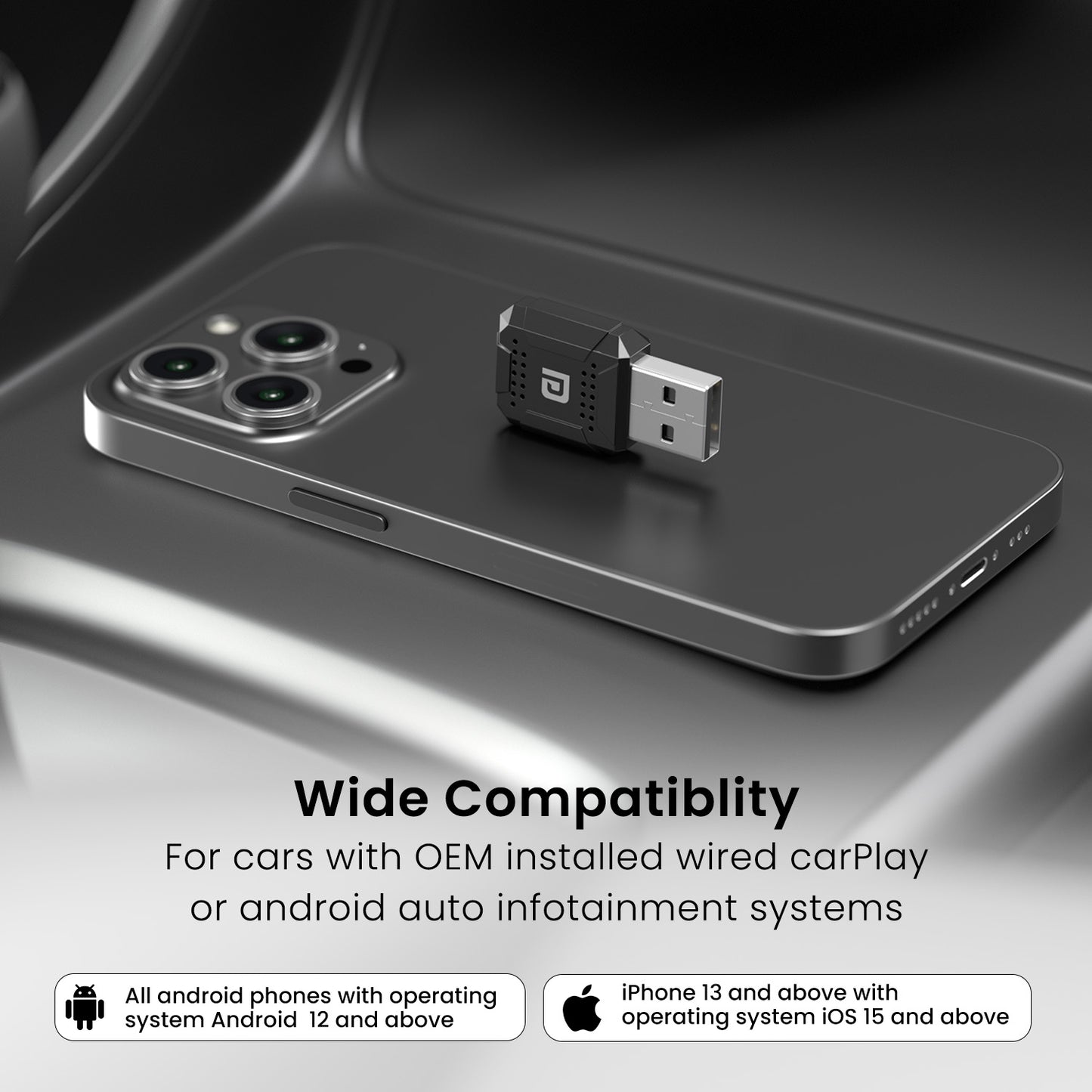 Portronics Tune lite Wireless CarPlay & Android Auto Adapter | Works with Android 12+ & iOS 15+ Devices | Wireless Car Receiver with Type-C Converter for Cars | Reliable Bluetooth for Car USB Connectivity