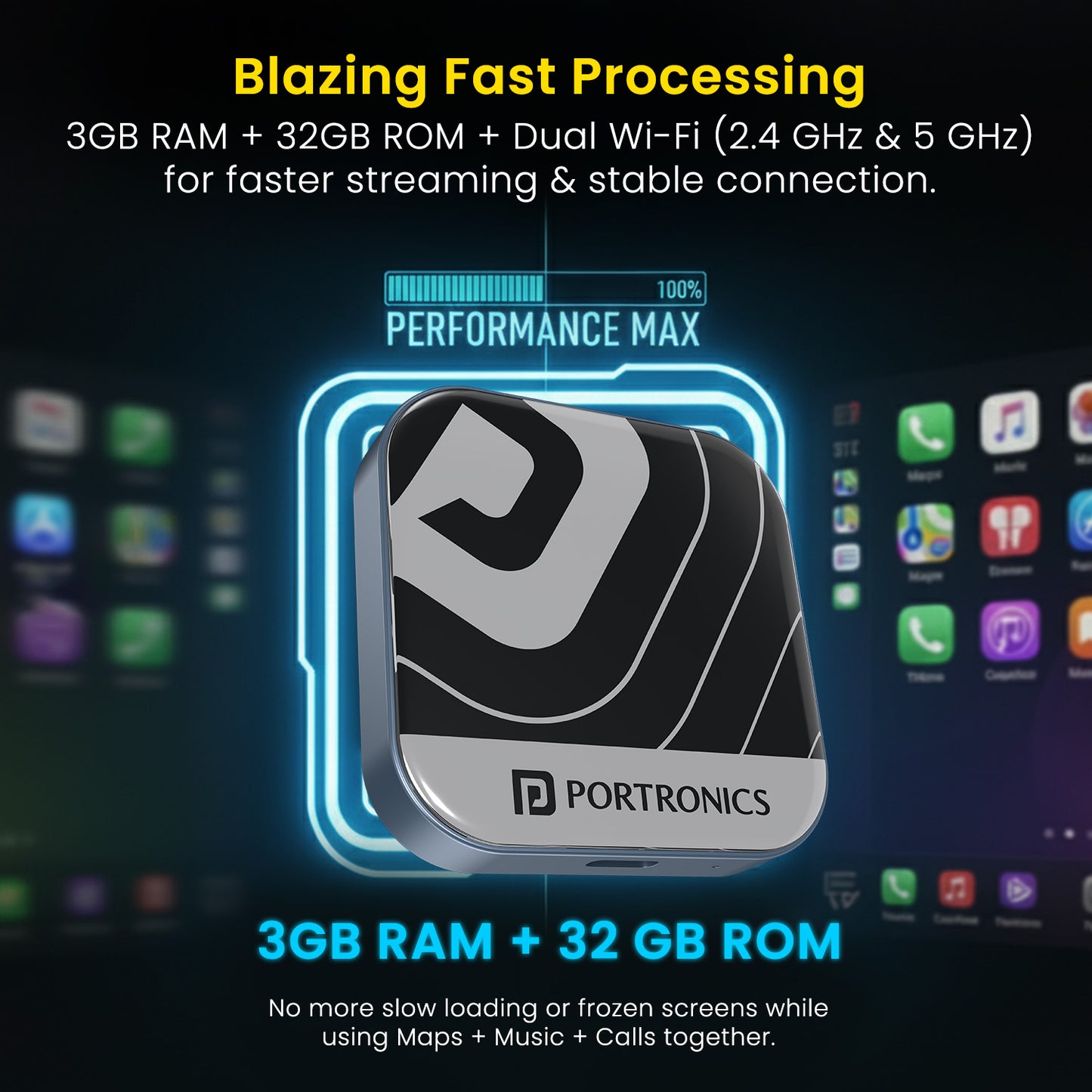 Portronics Tune plus Wireless Car Receiver | Wireless CarPlay Adapter for iPhone and Wireless Android Auto Adapter for Car | Built-In YouTube & Netflix Streaming, TF Card Offline Playback, Dual Wi-Fi, and 3GB RAM + 32GB ROM | Smart Bluetooth Receiver and Car Accessory for Seamless Connectivity on Road Trips