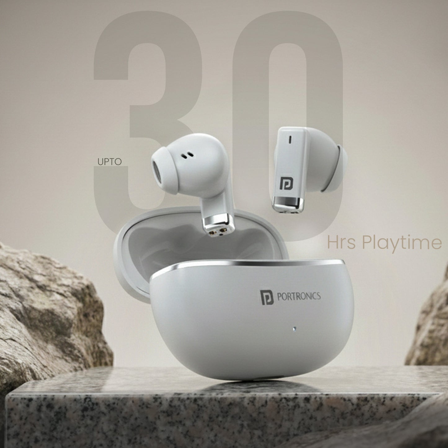 White Portronics Twins One Bluetooth Ear Buds | Compact charging case with long battery backup | earbuds for gym travel and daily commute