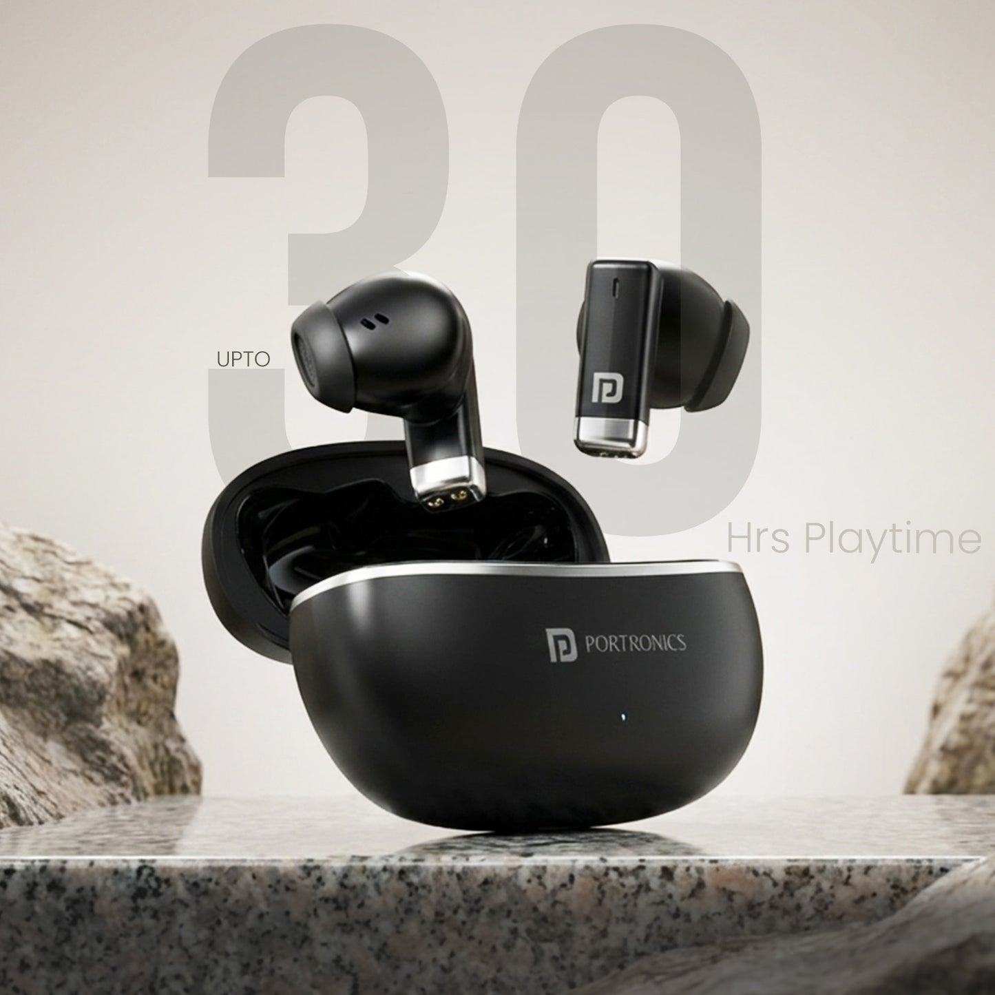 Black Portronics Twins One Bluetooth Earbuds | Up to 30 hours total playtime with charging case | best earbuds under 1500 for travel workouts and everyday listening