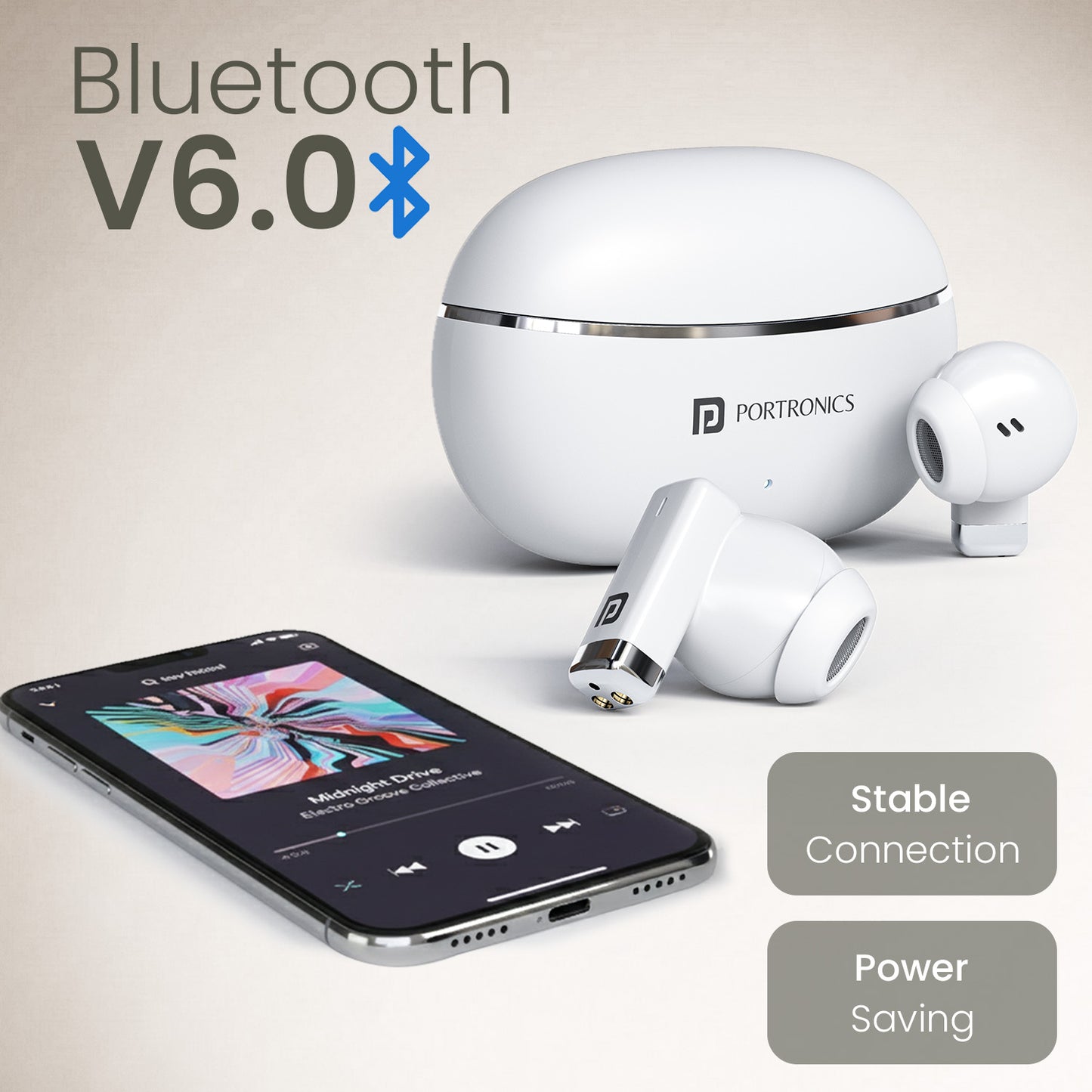 White Portronics Twins One Bluetooth Earbuds | Latest bluetooth v6 for fast pairing and stability | bluetooth earbuds under 1000 style value for android users