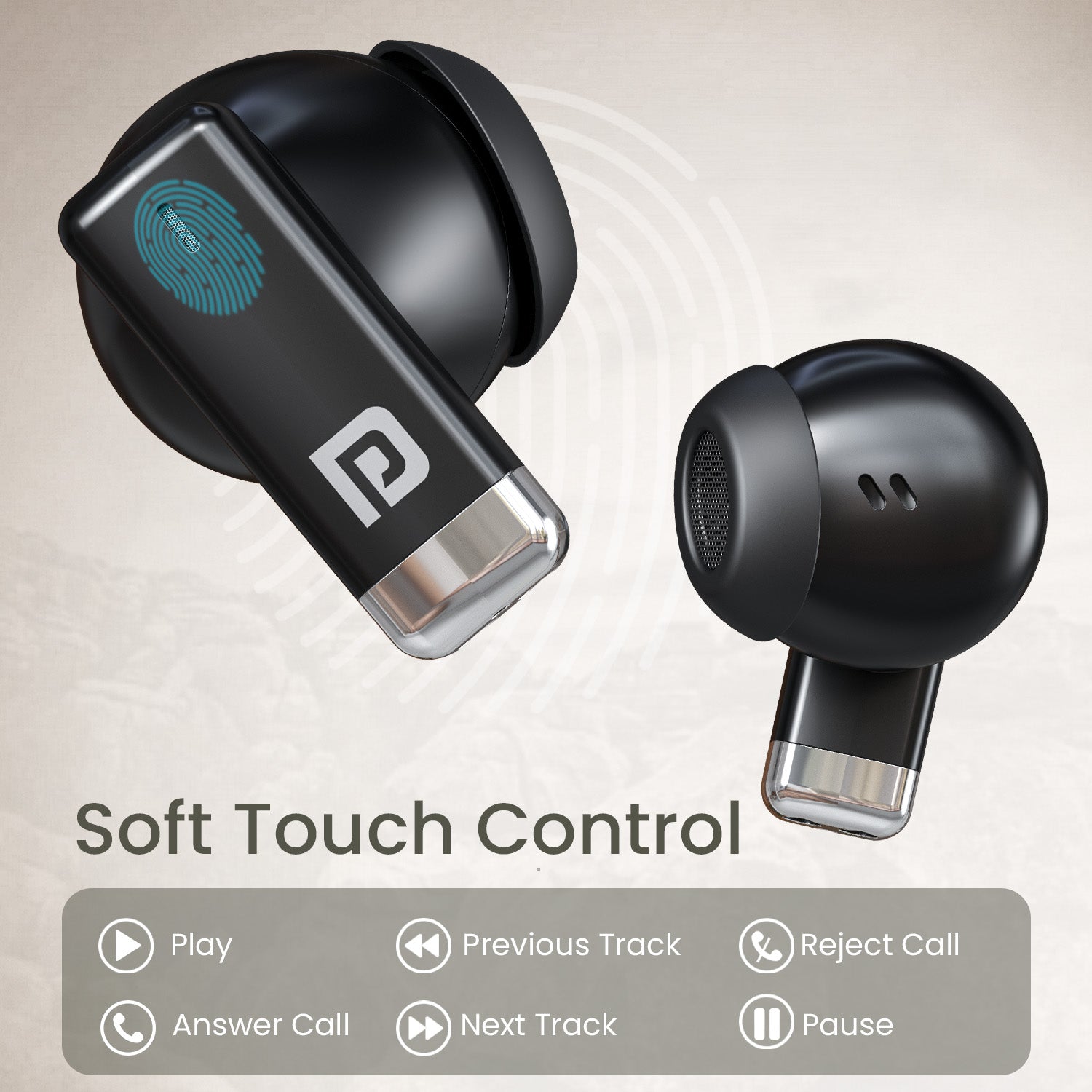 Black Portronics Twins One Smart Earbuds | Touch controls with voice assistant and HD mic | bluetooth earbud with mic for work calls and online meetings