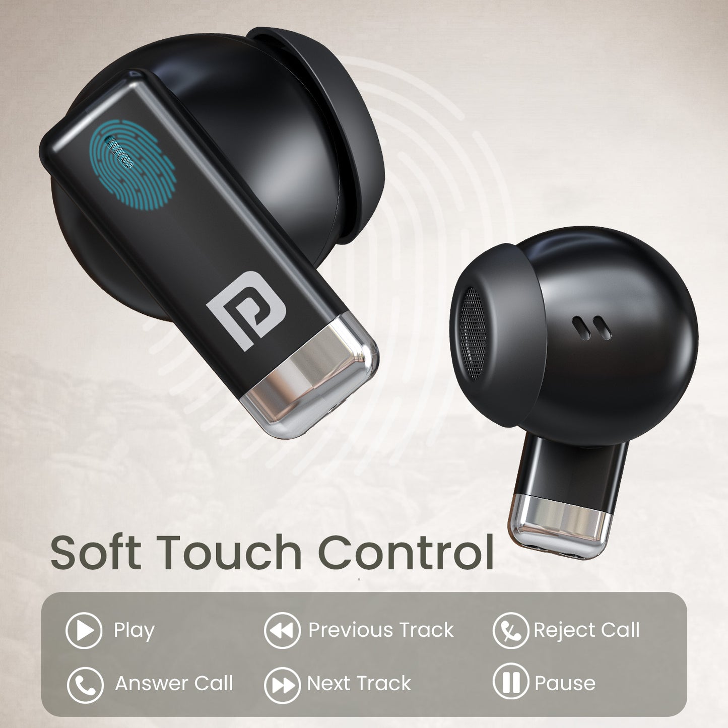 Black Portronics Twins One Smart Earbuds | Touch controls with voice assistant and HD mic | bluetooth earbud with mic for work calls and online meetings