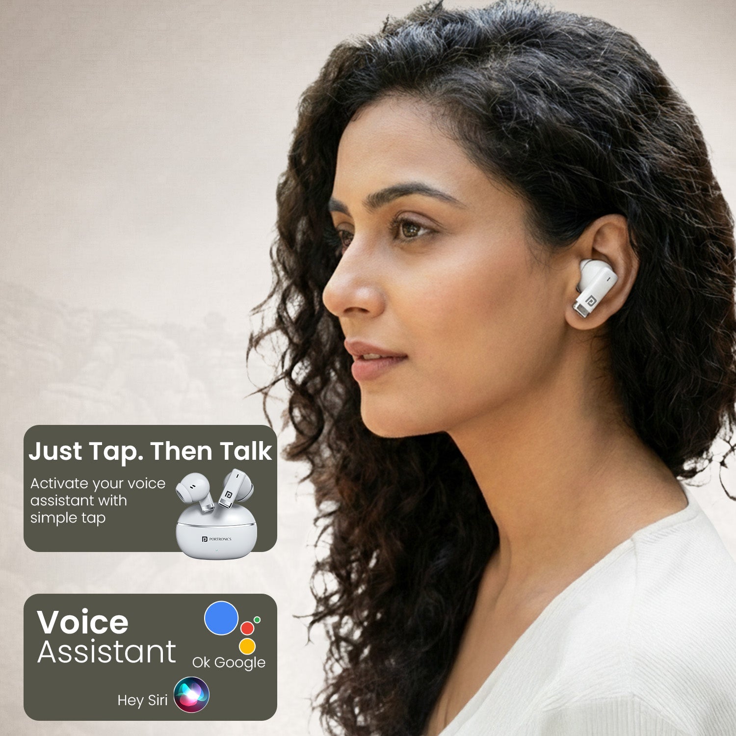 White Portronics Twins One Smart TWS | Clear mic quality with stable bluetooth connection | wireless earbuds for work meetings calls and office use