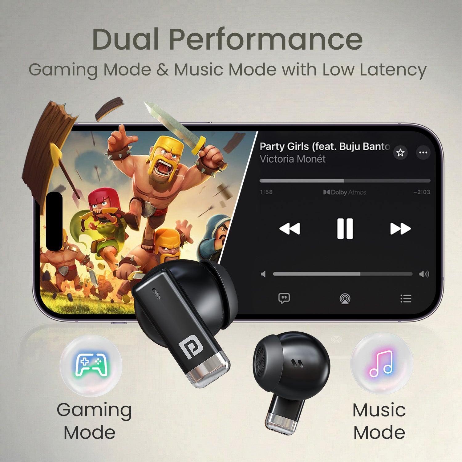 Black Portronics Twins One TWS | Dual game mode and music mode with low latency | earbuds for gamer seeking smooth audio sync and immersive sound