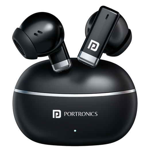 Black Portronics Twins One TWS Earbuds | 13 mm driver earbuds with rich bass and balanced sound | true wireless bluetooth earbuds for music calls and daily use