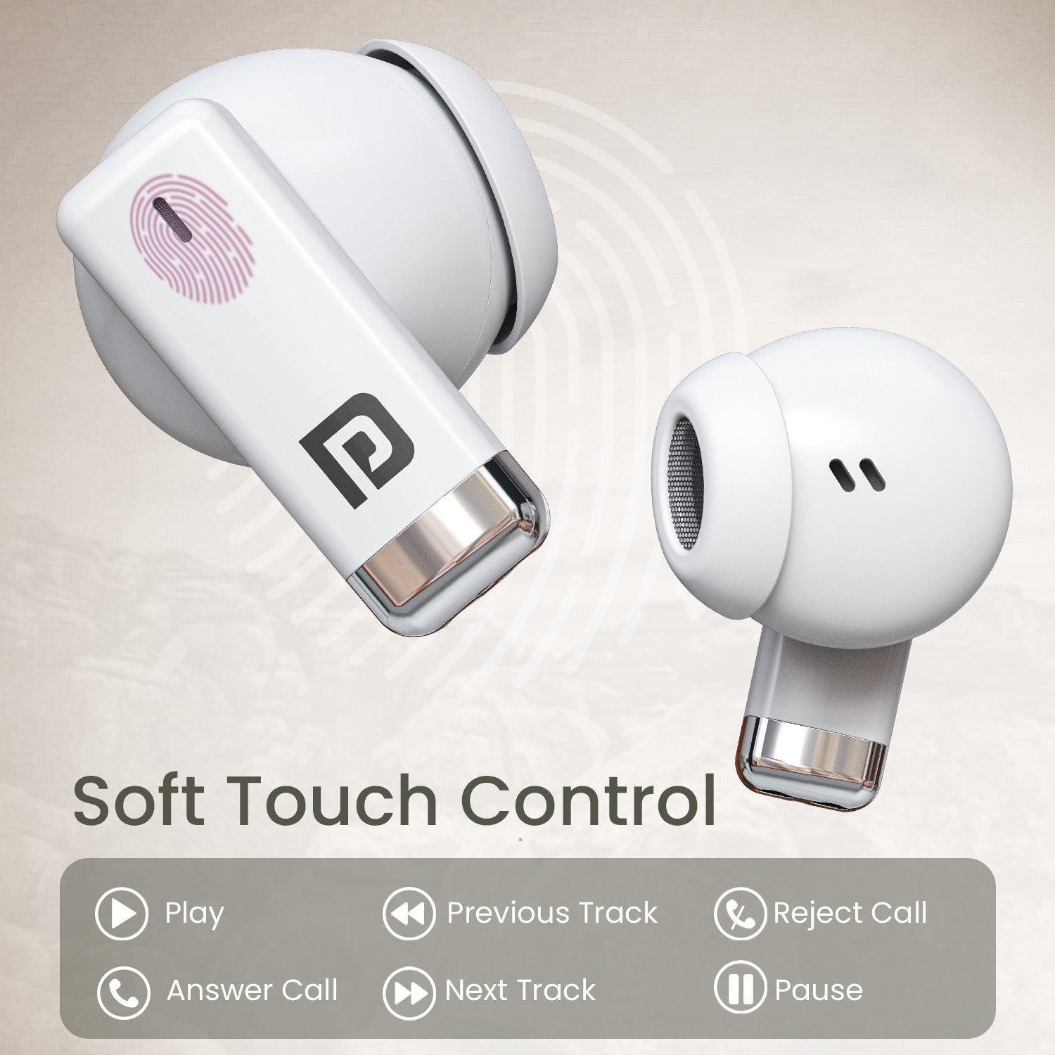 White Portronics Twins One True Wireless Bluetooth Earbuds | Touch control with Type-C fast charging | latest earbuds for mobile users needing all-day comfort