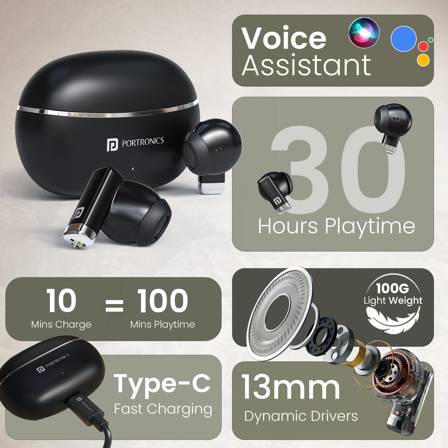 Black Portronics Twins One True Wireless Earbuds | Type-C fast charging with modern design | latest earbuds option with competitive earbuds price