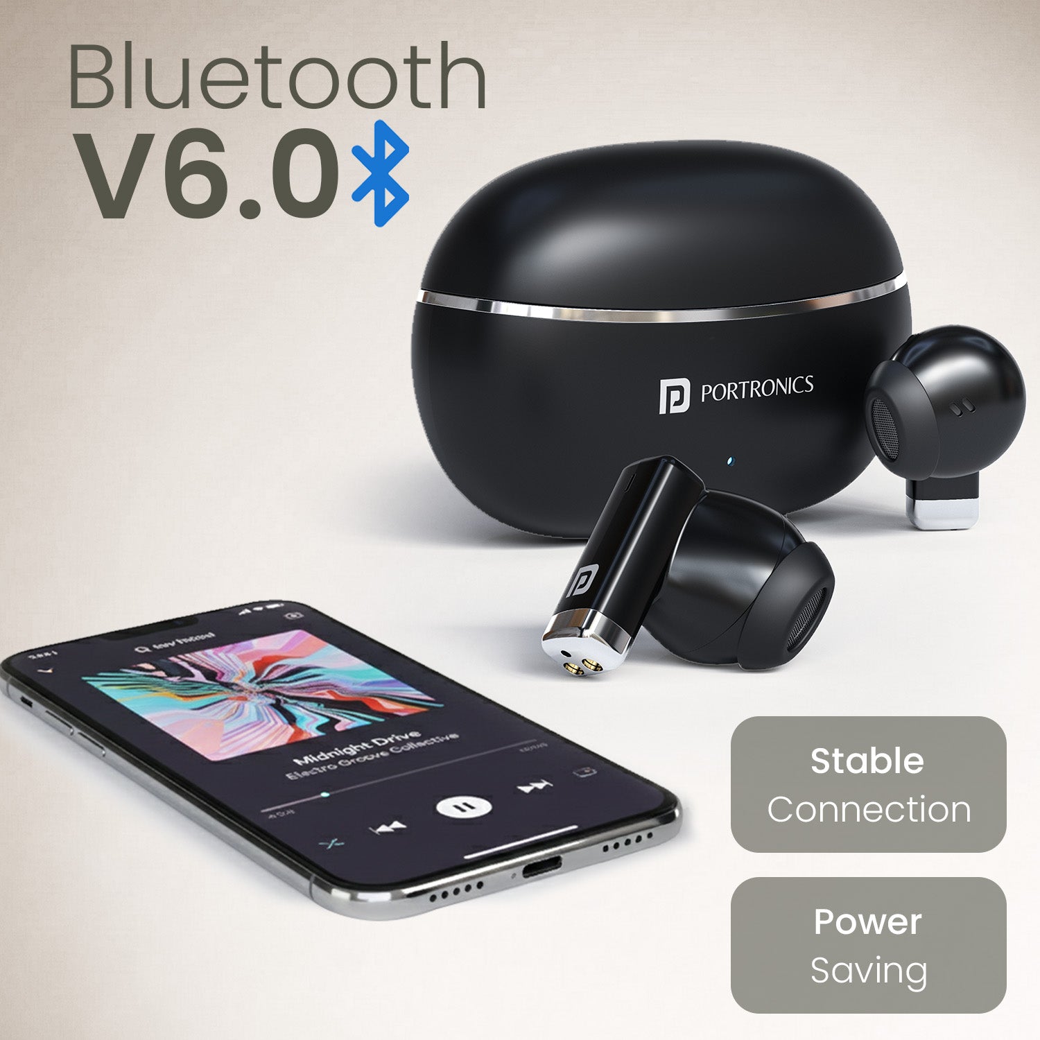 Black Portronics Twins One Wireless Earbuds | Bluetooth v6 smart earbuds with stable connectivity | wireless bluetooth earbuds for work meetings and voice calls