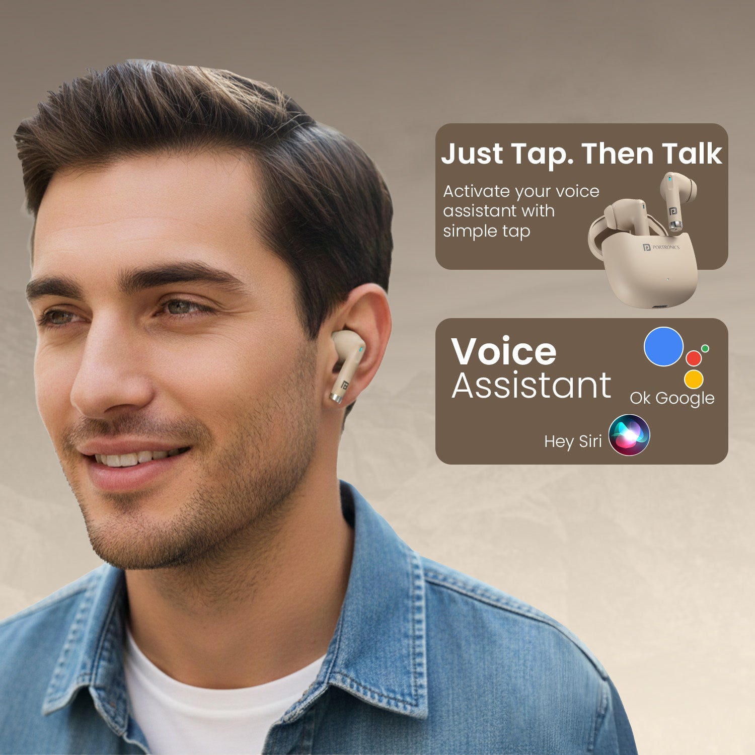 Beige Portronics Twins S18 Pro Bluetooth Earbuds | HD microphone with Bluetooth 5.3 for stable calls | wireless bluetooth earbuds for office work online meetings and voice assistance
