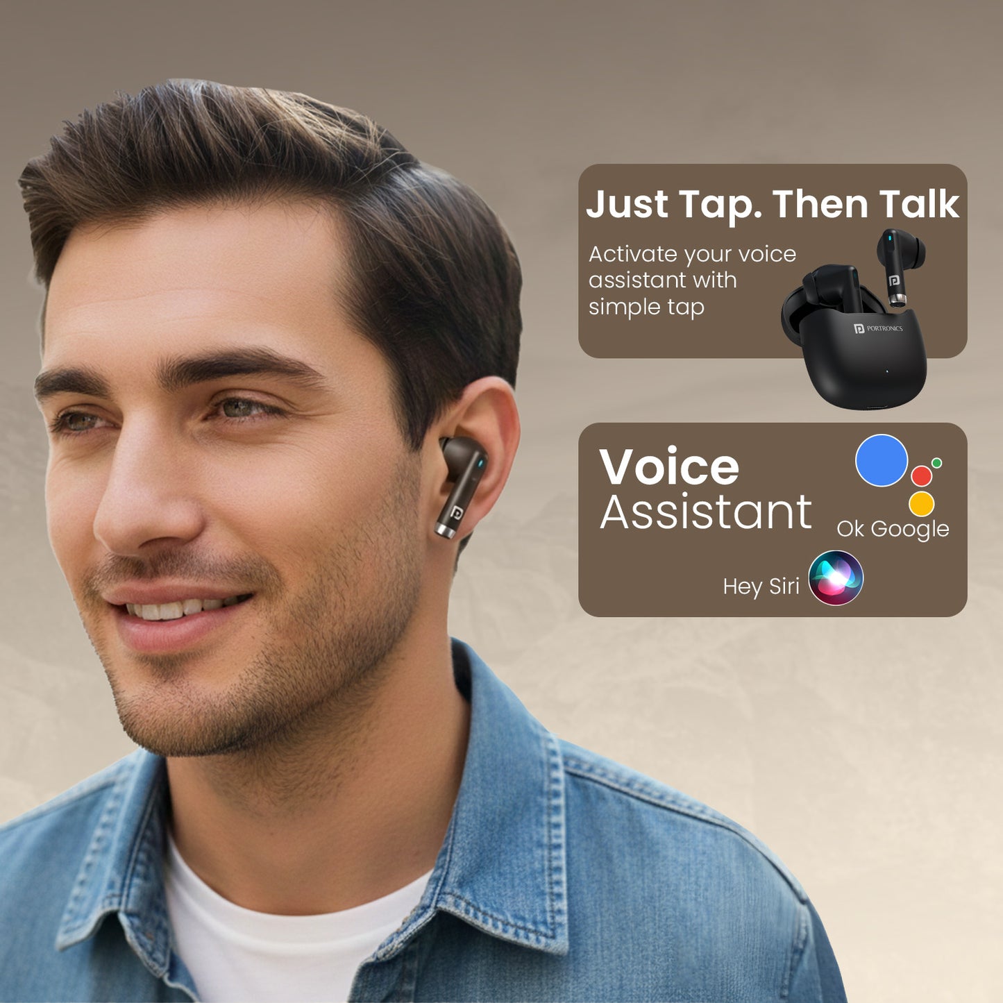 Black Portronics Twins S18 Pro Smart Earbuds with voice assistance support | wireless earbuds for work meetings music and calls