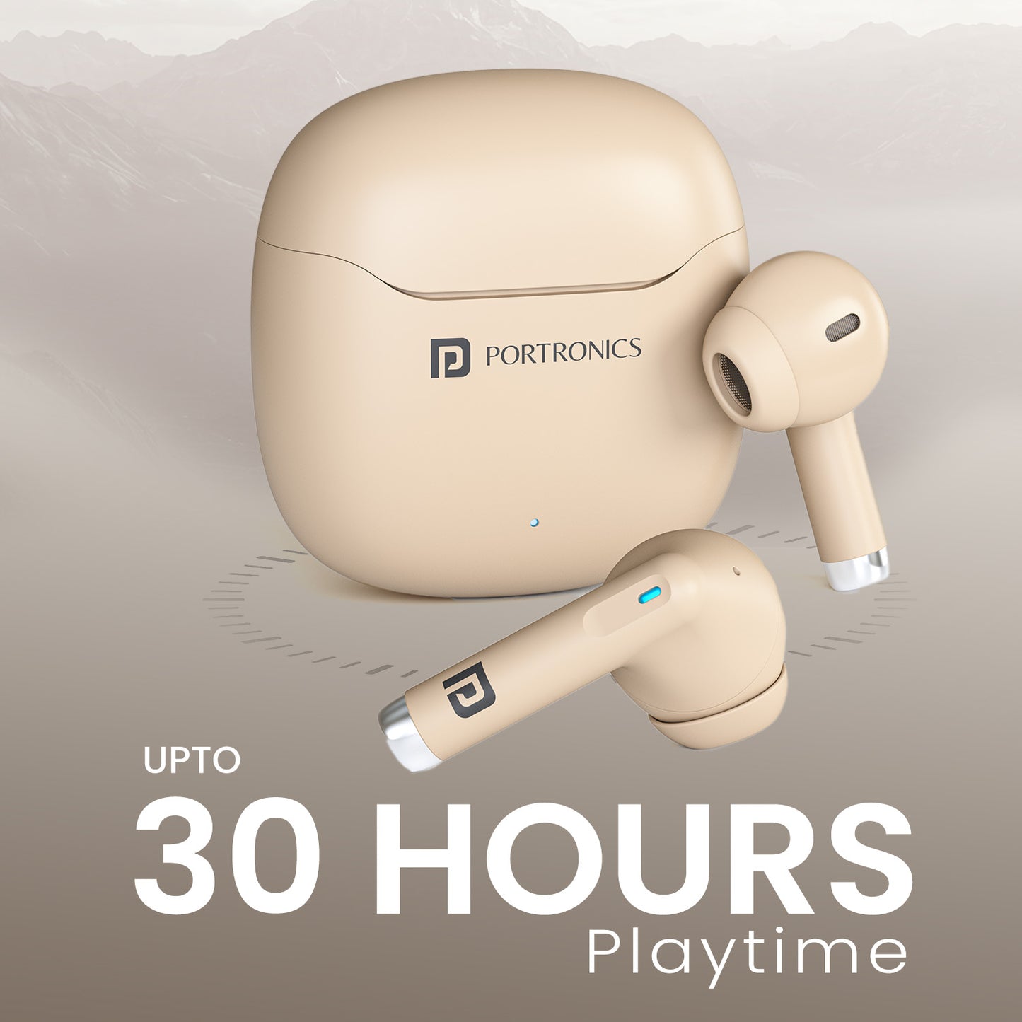 Beige Portronics Twins S18 Pro TWS Earbuds | Up to 30 hours playtime with Type-C fast charging | best earbuds under 1500 for music calls and daily mobile use