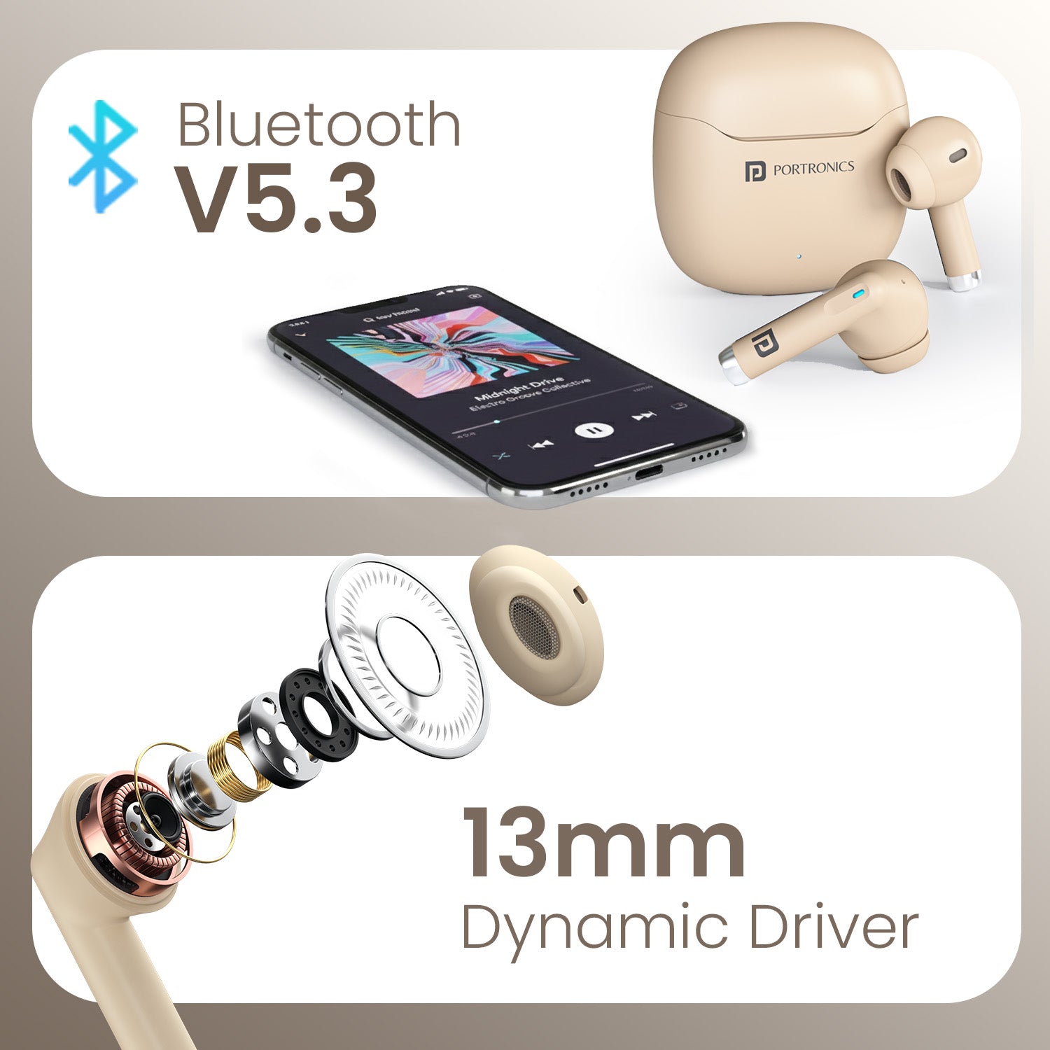 Beige Portronics Twins S18 Pro True Wireless Earbuds with Bluetooth 5.3 | 13mm dynamic drivers with passive noise isolation | earbuds with anc-style experience for immersive music and harmonics