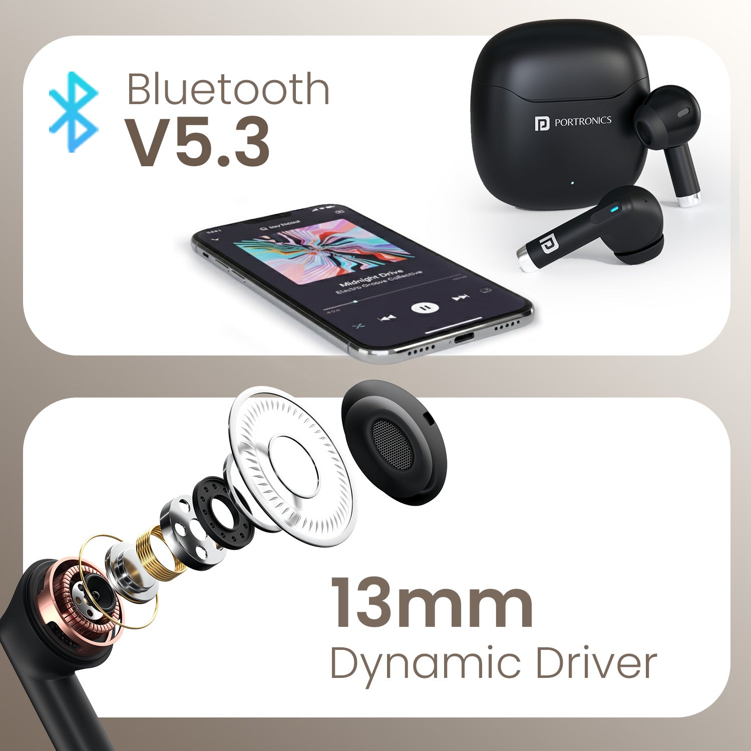 Black Portronics Twins S18 Pro Wireless Bluetooth Earbuds with 13 mm driver | Smart earbuds with Bluetooth 5.3 and HD mic | bluetooth earbuds with mic for work calls and voice assistance