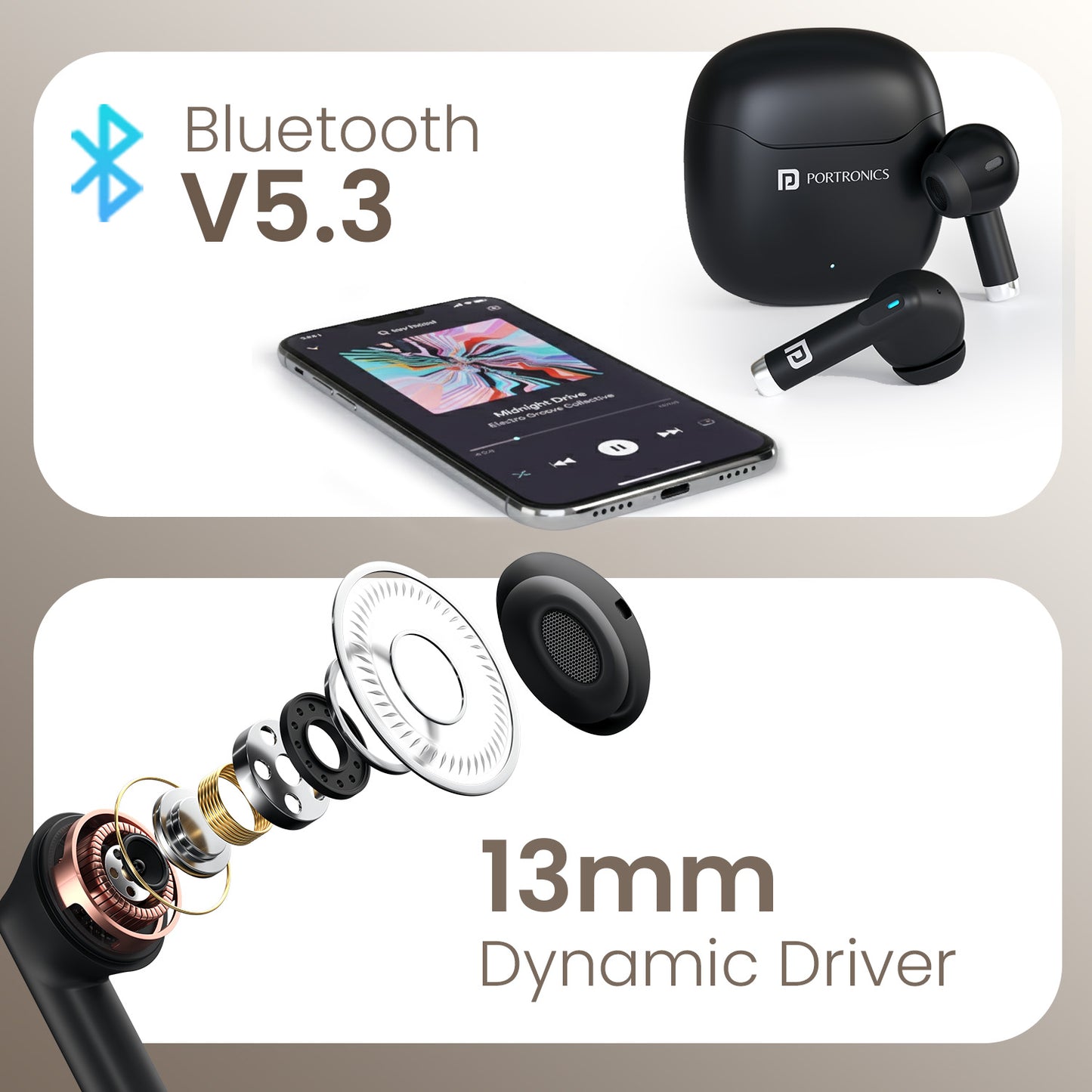 Black Portronics Twins S18 Pro Wireless Bluetooth Earbuds with 13 mm driver | Smart earbuds with Bluetooth 5.3 and HD mic | bluetooth earbuds with mic for work calls and voice assistance