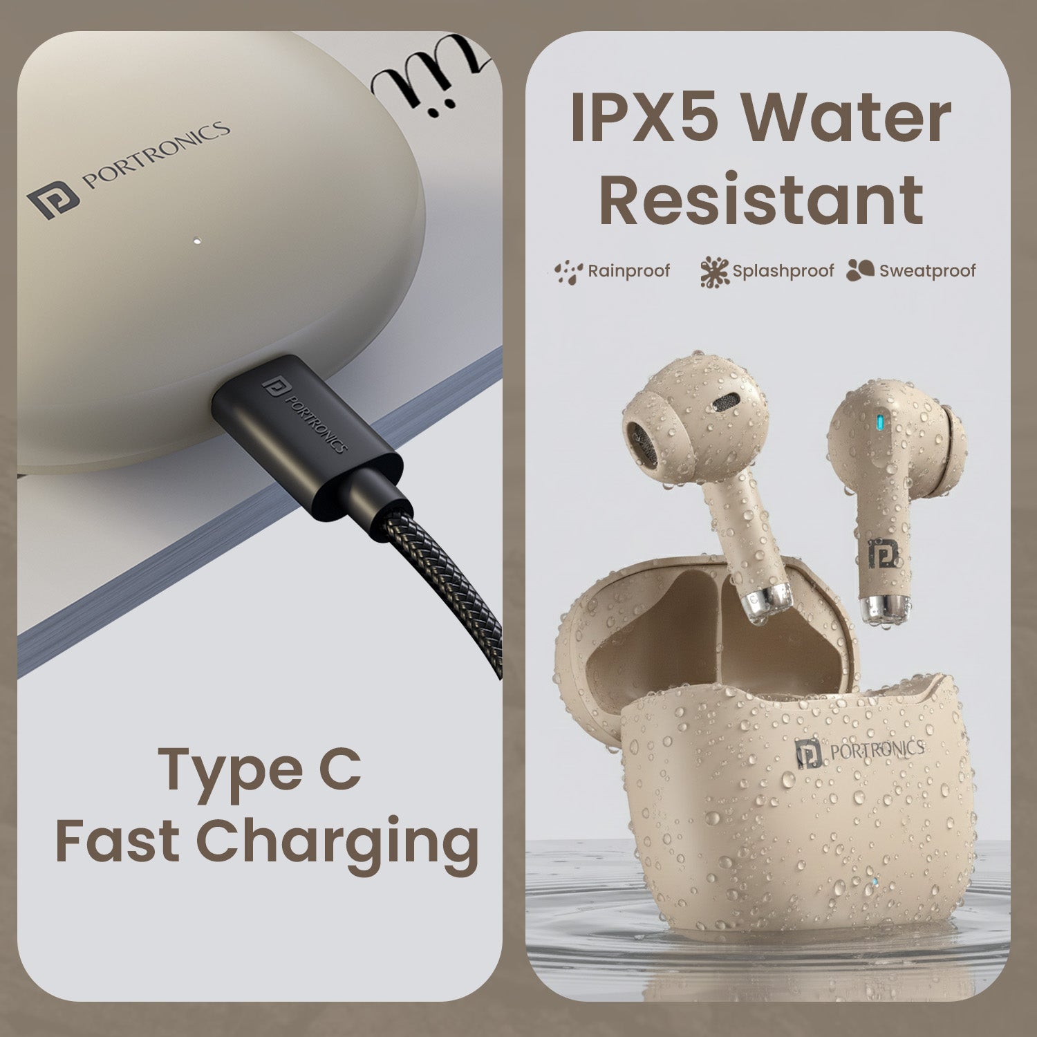 Beige Portronics Twins S18 Pro Wireless Earbuds | Clear stereo speaker output with low latency mode | true wireless bluetooth earbuds for music gaming earbuds with type c charging
