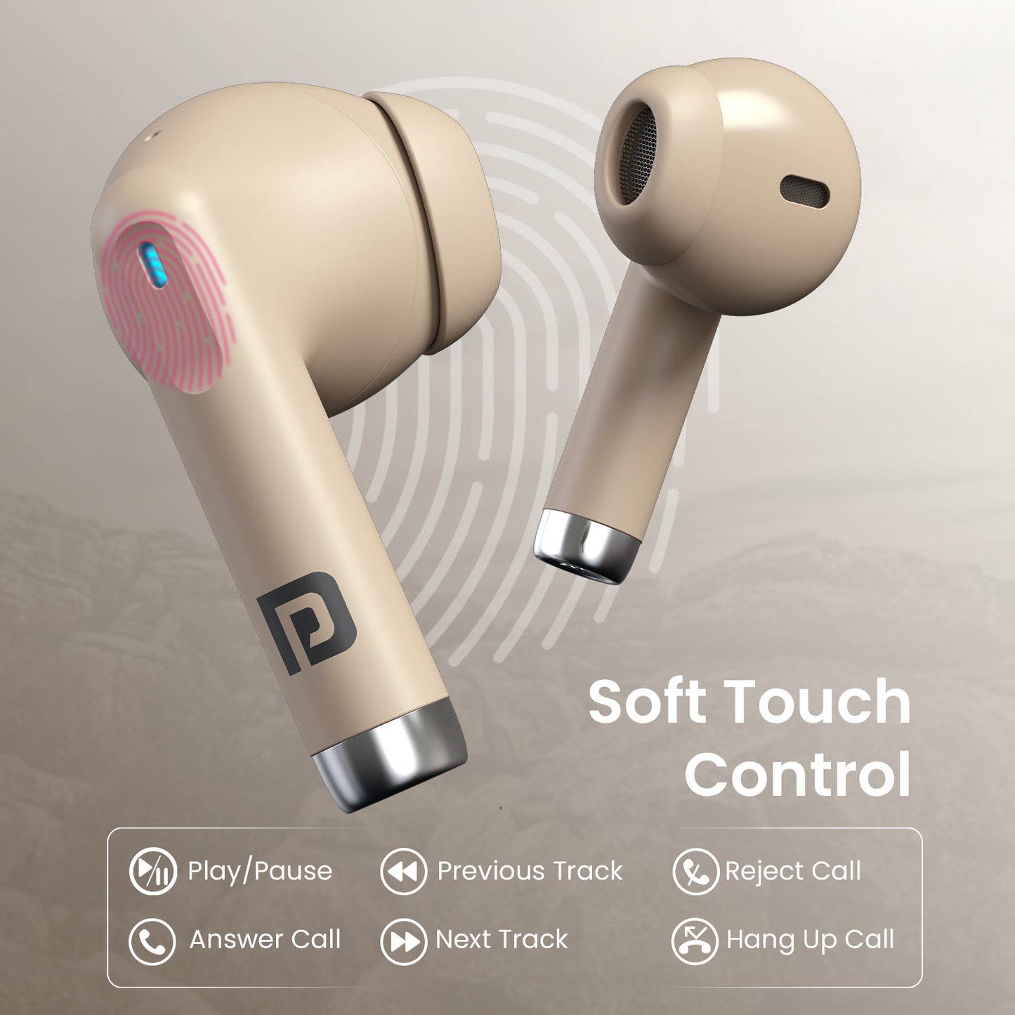 Beige Portronics Twins S18 Pro Smart Earbuds | Fast pairing via Bluetooth 5.3 with android and iphone | bluetooth earbuds with touch control and voice assistance