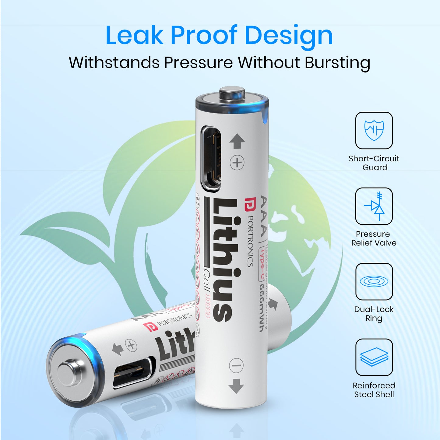 Portronics Type-C Rechargeable AAA Battery – Lithius Cell | high-efficiency rechargeable lithium ion battery | compact AAA lithium rechargeable battery offering lithium battery pack performance for daily electronics