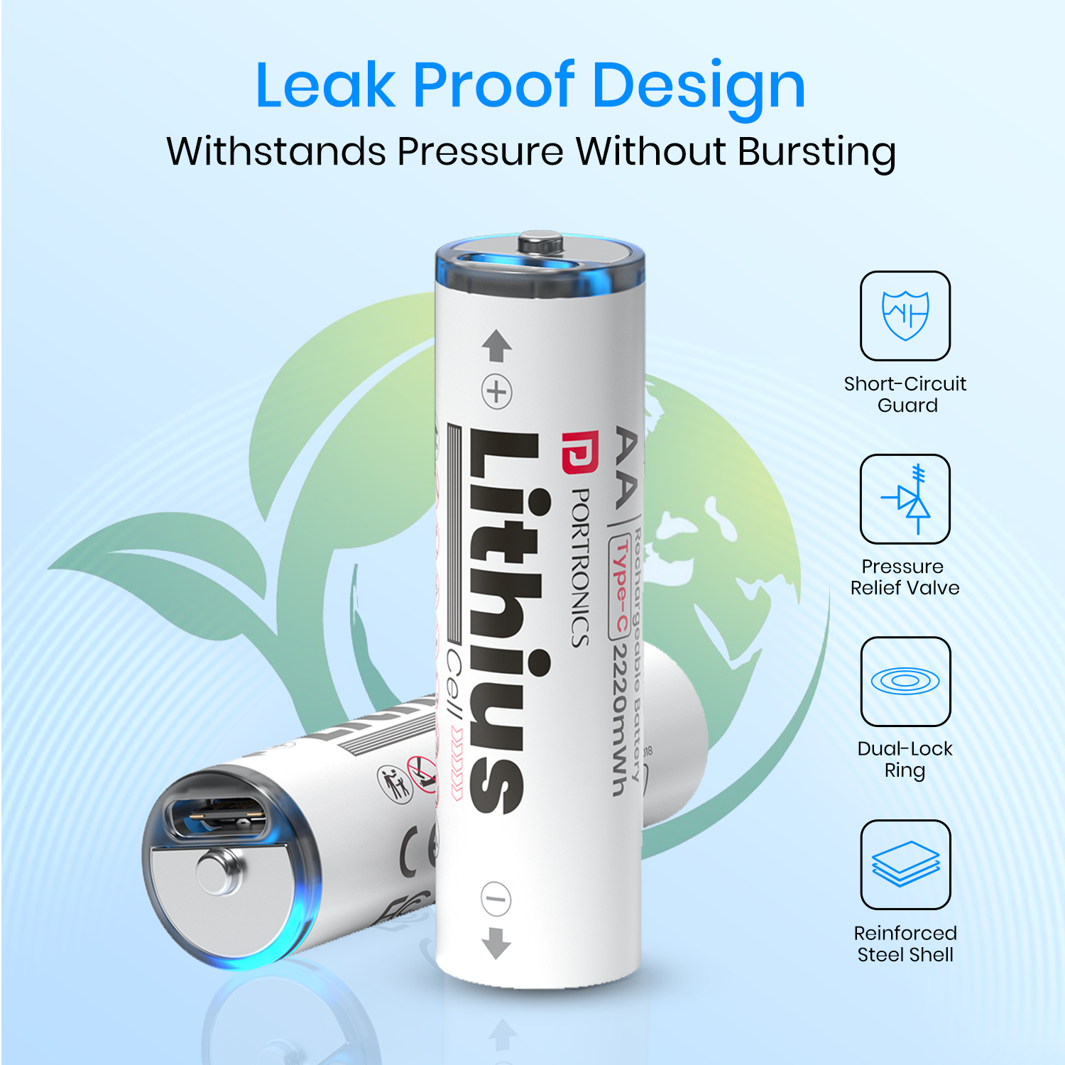 Portronics Type-C Rechargeable AA Battery – Lithius Cell | high-efficiency rechargeable lithium ion battery | compact AA lithium rechargeable battery offering lithium battery pack performance for daily electronics