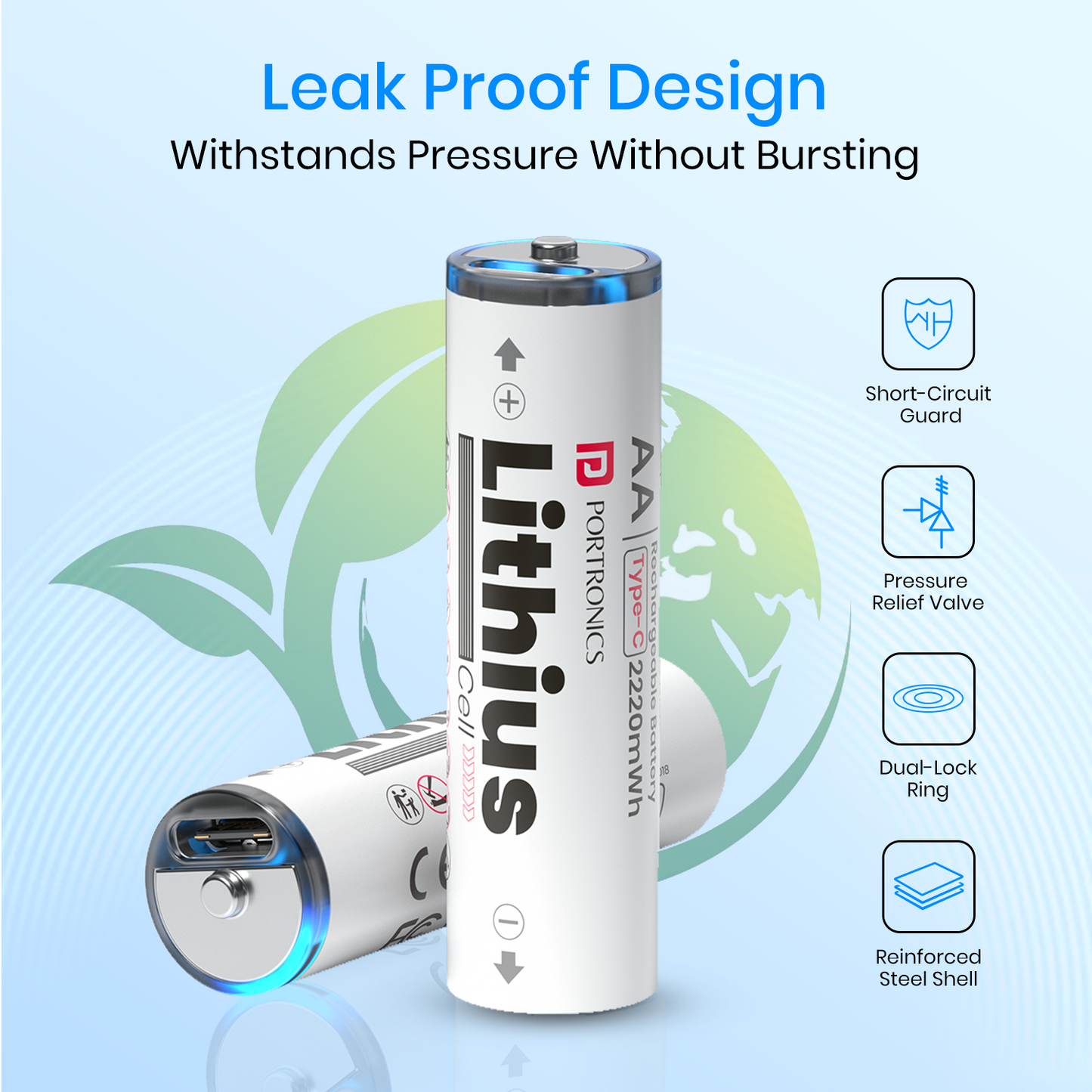 Portronics Type-C Rechargeable AA Battery – Lithius Cell | high-efficiency rechargeable lithium ion battery | compact AA lithium rechargeable battery offering lithium battery pack performance for daily electronics
