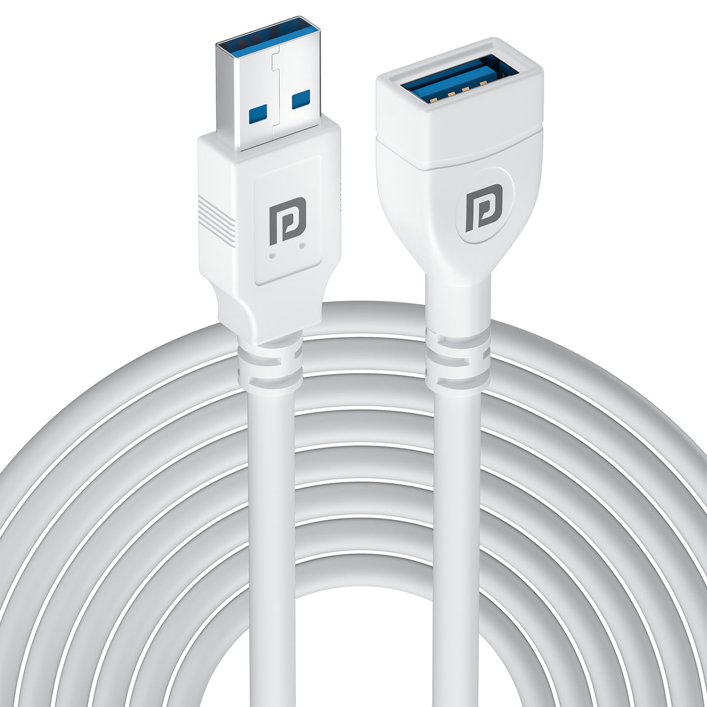 Portronics Uniconnect USB Extension Cable 5M, white USB Type-A male to female computer cable coiled neatly with multifunctional cable design that extends USB ports for data transfer and fast charging cable use with laptops, TVs, desktops, android phones, and iPhone via lightning cable.