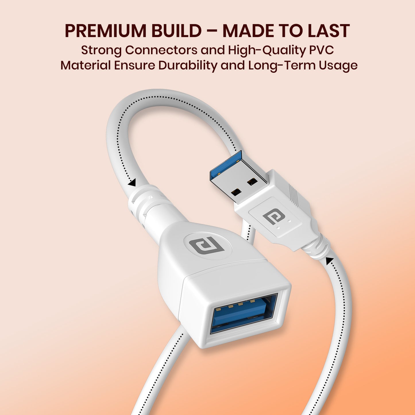 Portronics Uniconnect USB Extension Cable 5M with detailed USB-A male and female ends in durable white PVC jacket, fast charging cable and data transfer solution optimized as computer cable for printers, hard drives, and everyday USB extension