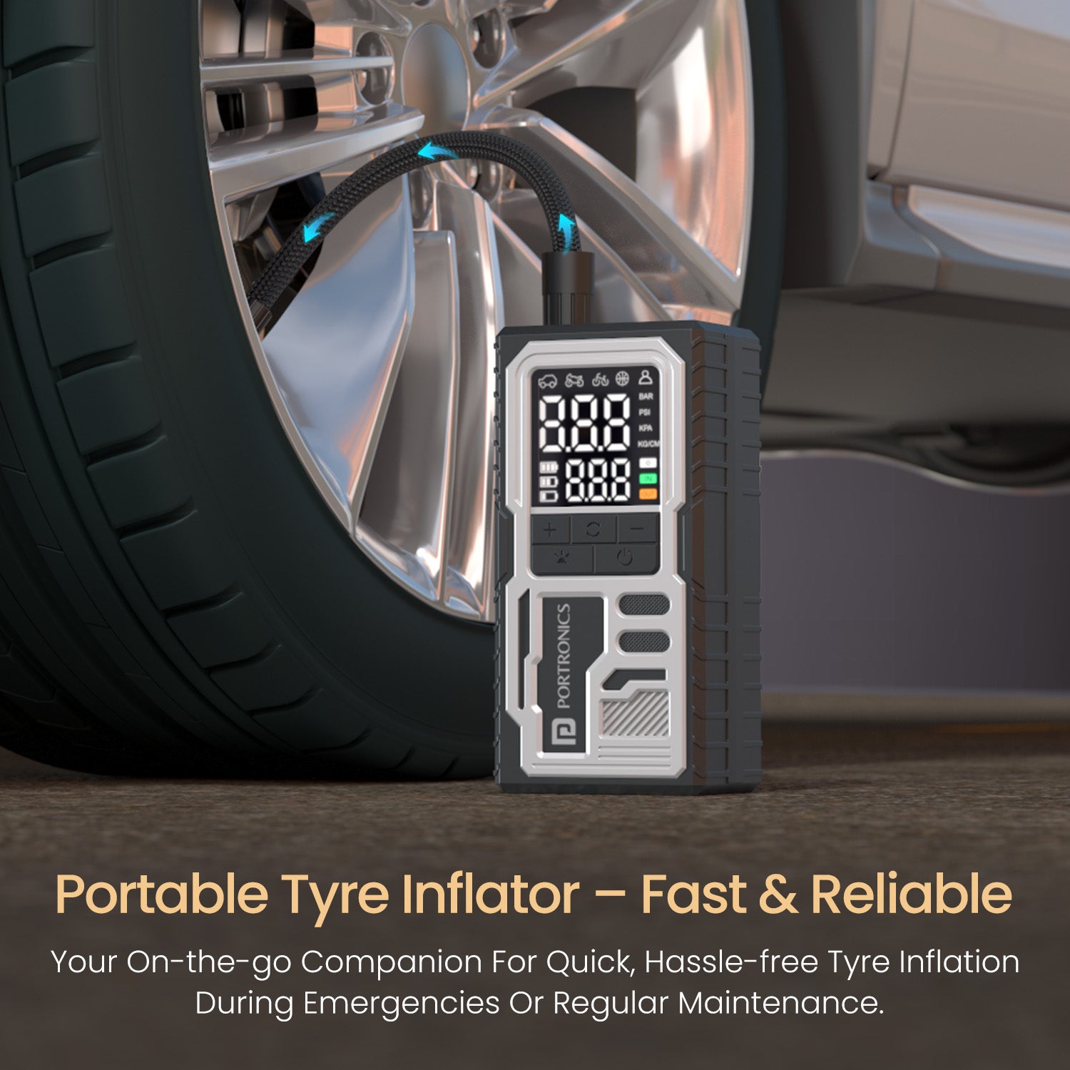 Portronics Vayu 10 Portable Rechargeable Car Inflator | Designed for SUVs, bikes and cycles with accurate real-time pressure monitoring | best tyre inflator for suv in india offering powerful inflation
