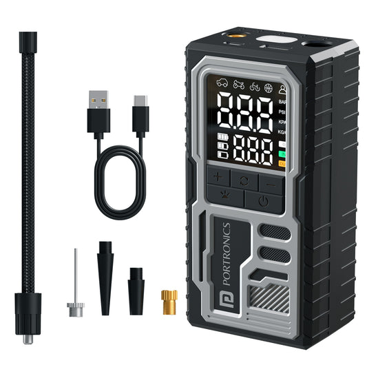 Portronics Vayu 10 Portable Tyre Inflator | Fast 150 PSI tyre inflator for car and bike with auto shut-off and LED display | best tyre inflator for car and bike in india for routine use