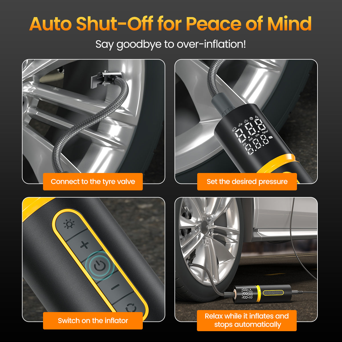 Portronics Vayu 5.0 Portable Tyre Inflator | Multi-Use Corded Air Pump with 4 Interchangeable Nozzles for Car Tyres, Motorcycles, Cycles, Footballs, Basketballs & Inflatables | 150 PSI Output with Rapid Inflation | Digital LED Display for Real-Time Pressure Accuracy | Auto Shut-Off & Bright LED Flashlight for Emergency