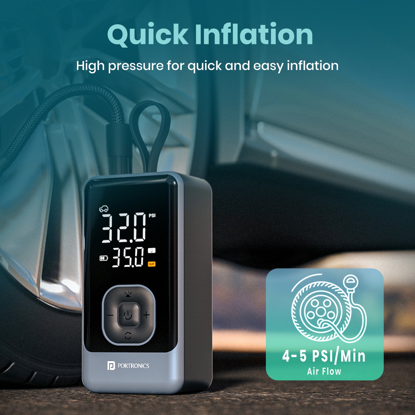 Portronics Vayu 8.0 Air Pump for Car and Bike | Best Portable Tyre Inflator for Emergency Use and Long Travel for Quick Inflation On-the-Go