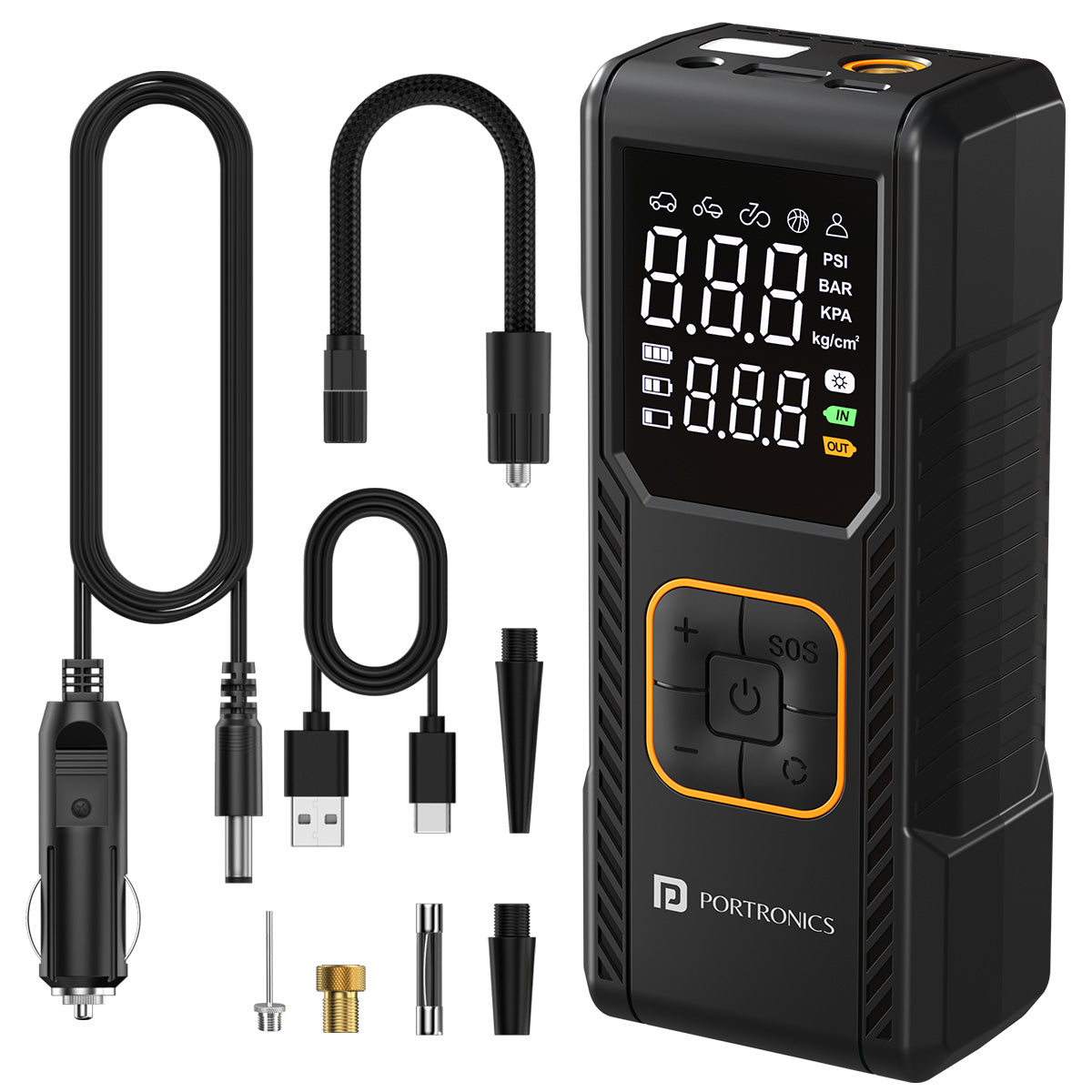 Portronics Vayu 9.0 | 2-in-1 Cordless and Corded Portable Tyre Inflator with 150 PSI Power and Smart Digital Display for Car, Bike, and SUV | Portable Tyre Inflator, Tyre Inflator Online, Tyre Inflator for Car and Bike, Car Accessories, Best Tyre Inflator for SUV in India